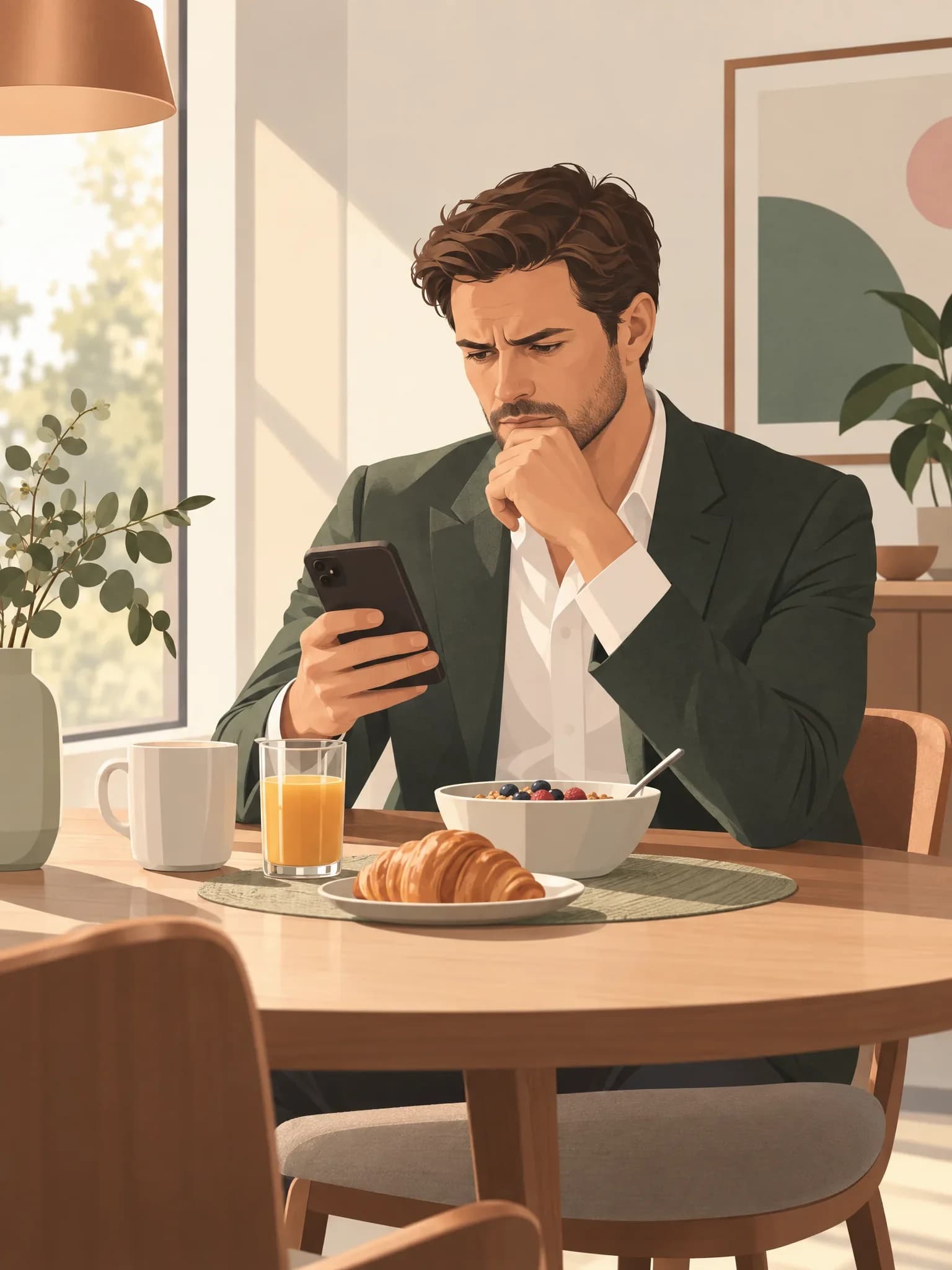 Ein Mann sitzt allein am Frühstückstisch im Morgenlicht, hält ein Mobiltelefon in der Hand und sieht mit gerunzelter Stirn darauf.