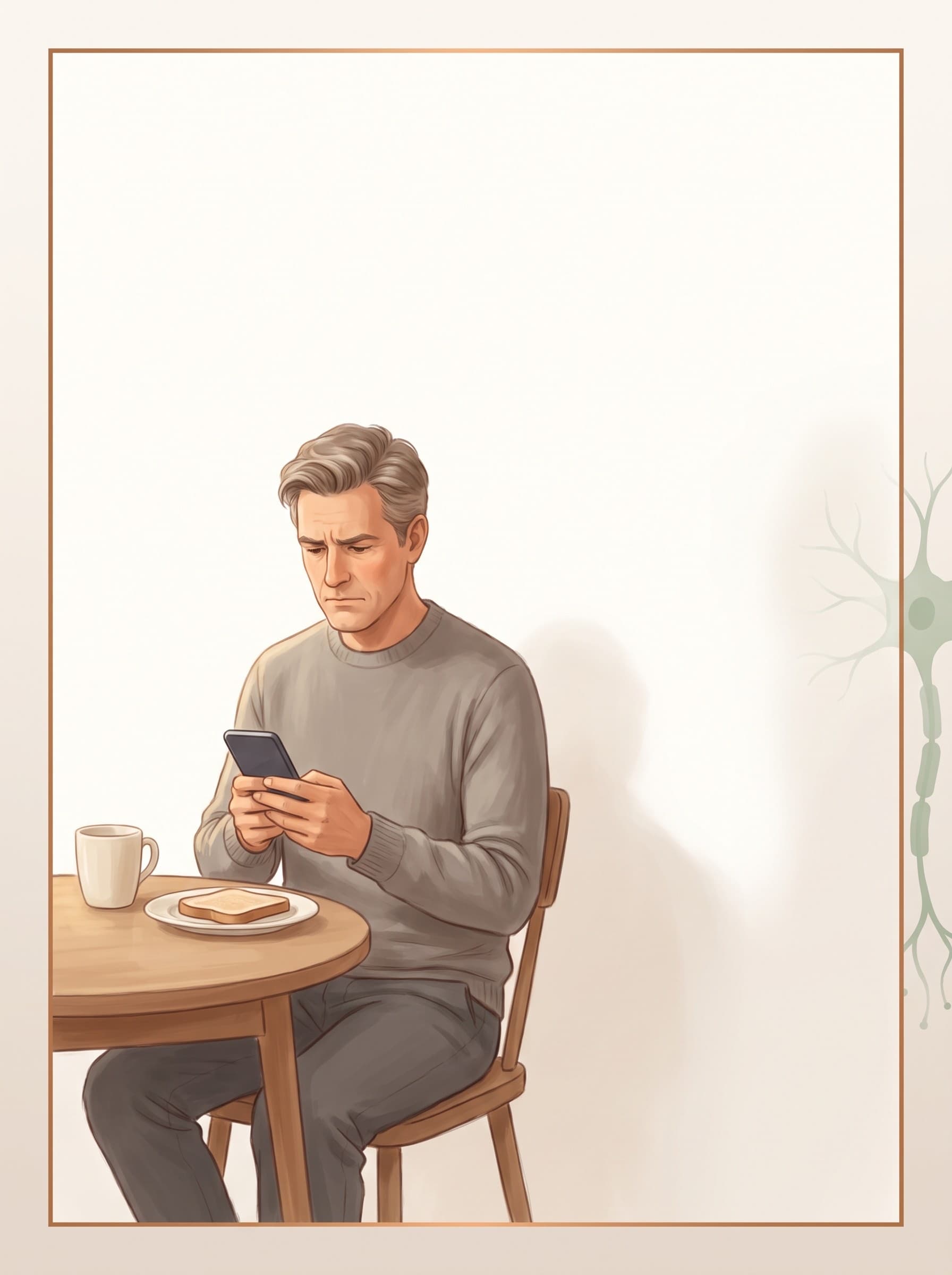 Ein Mann sitzt allein am Frühstückstisch im Morgenlicht, hält ein Mobiltelefon in der Hand und sieht mit gerunzelter Stirn darauf.
