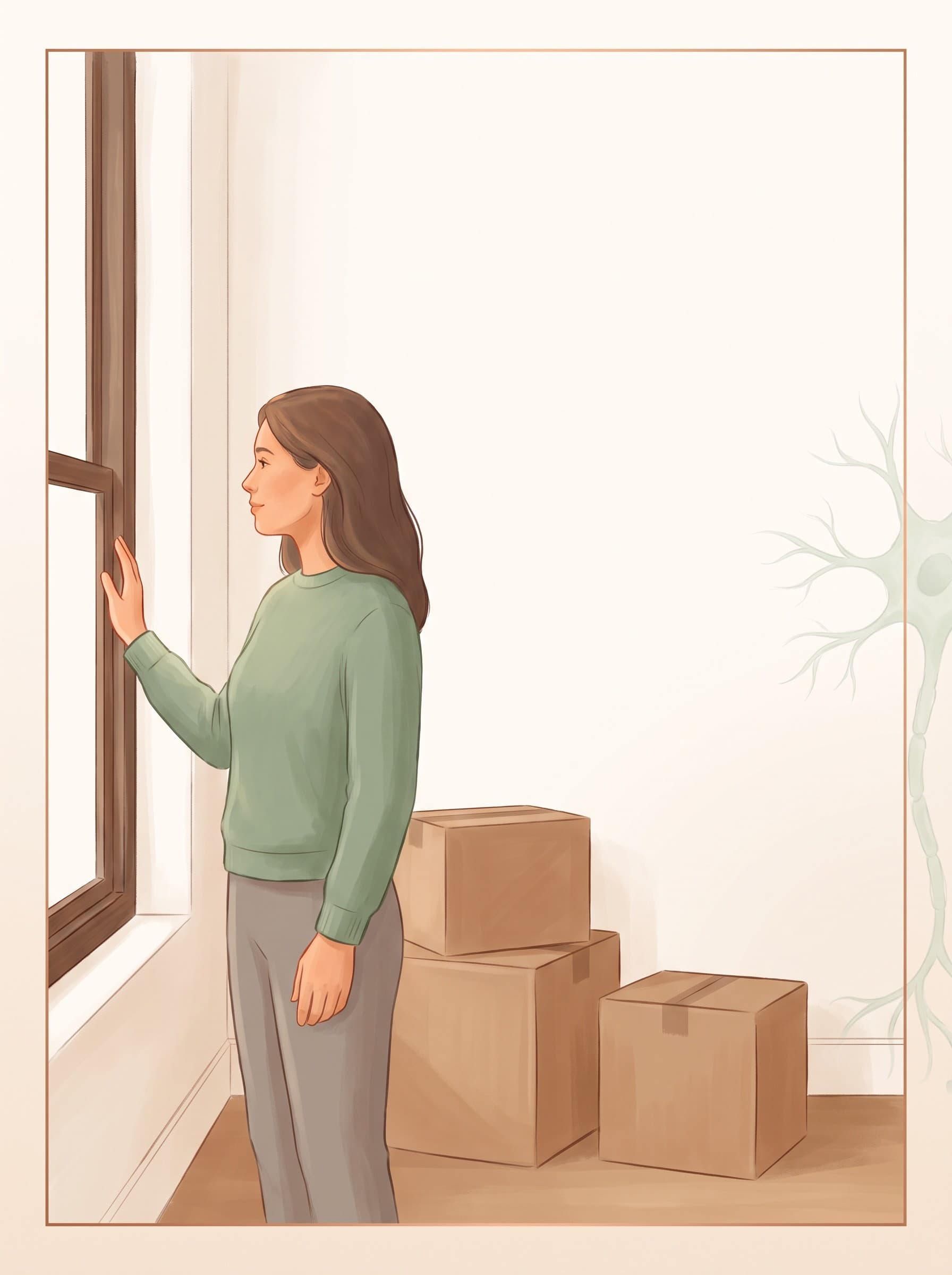 Eine Frau steht seitlich am Fenster einer neu bezogenen Wohnung, eine Hand am Fensterrahmen, neben ihr drei geschlossene Umzugskartons auf dem Boden.