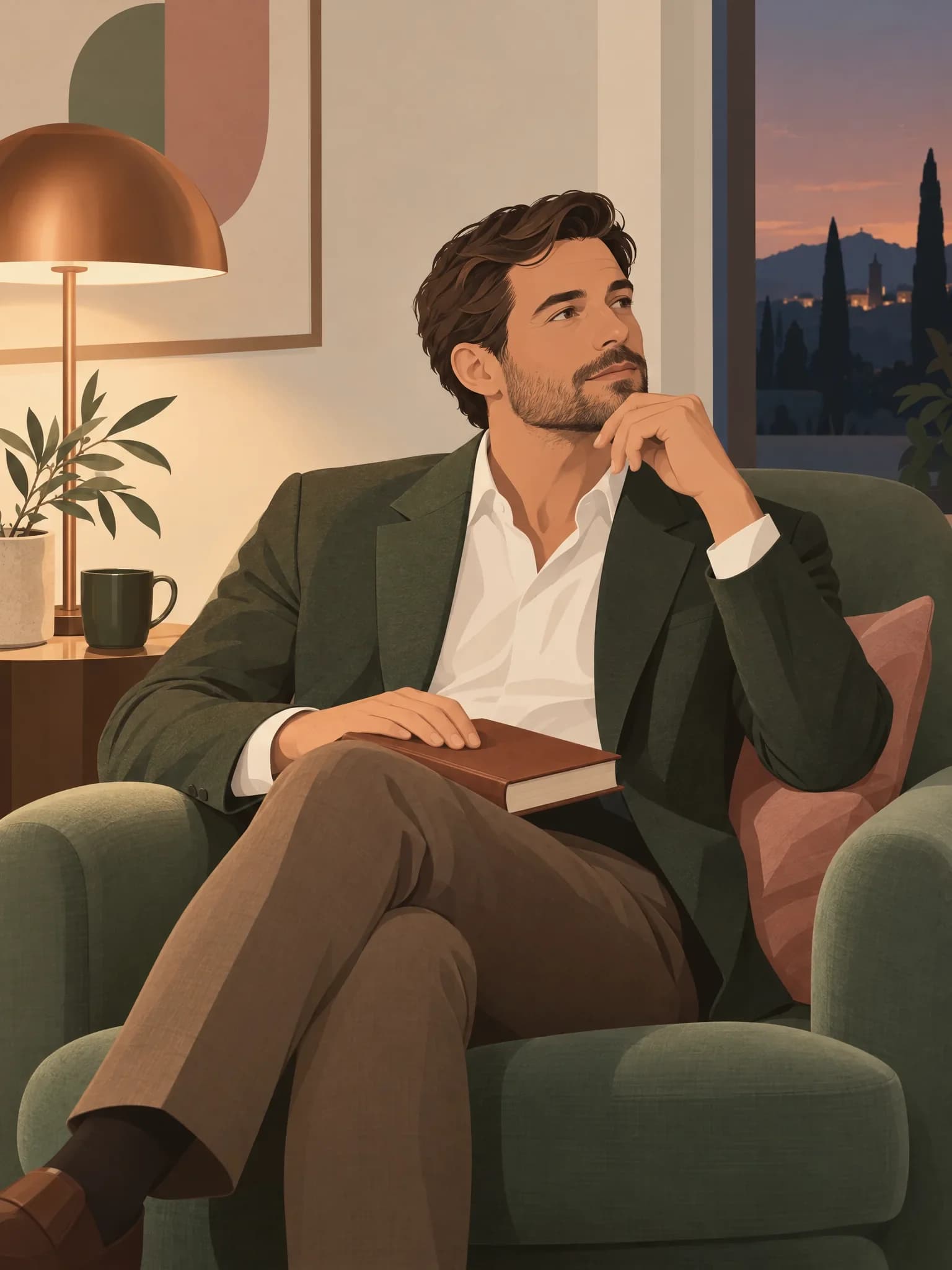 Ein Mann sitzt abends in einem Sessel, ein geschlossenes Buch auf dem Knie, eine Hand auf dem Einband, und blickt nachdenklich auf statt in das Buch.