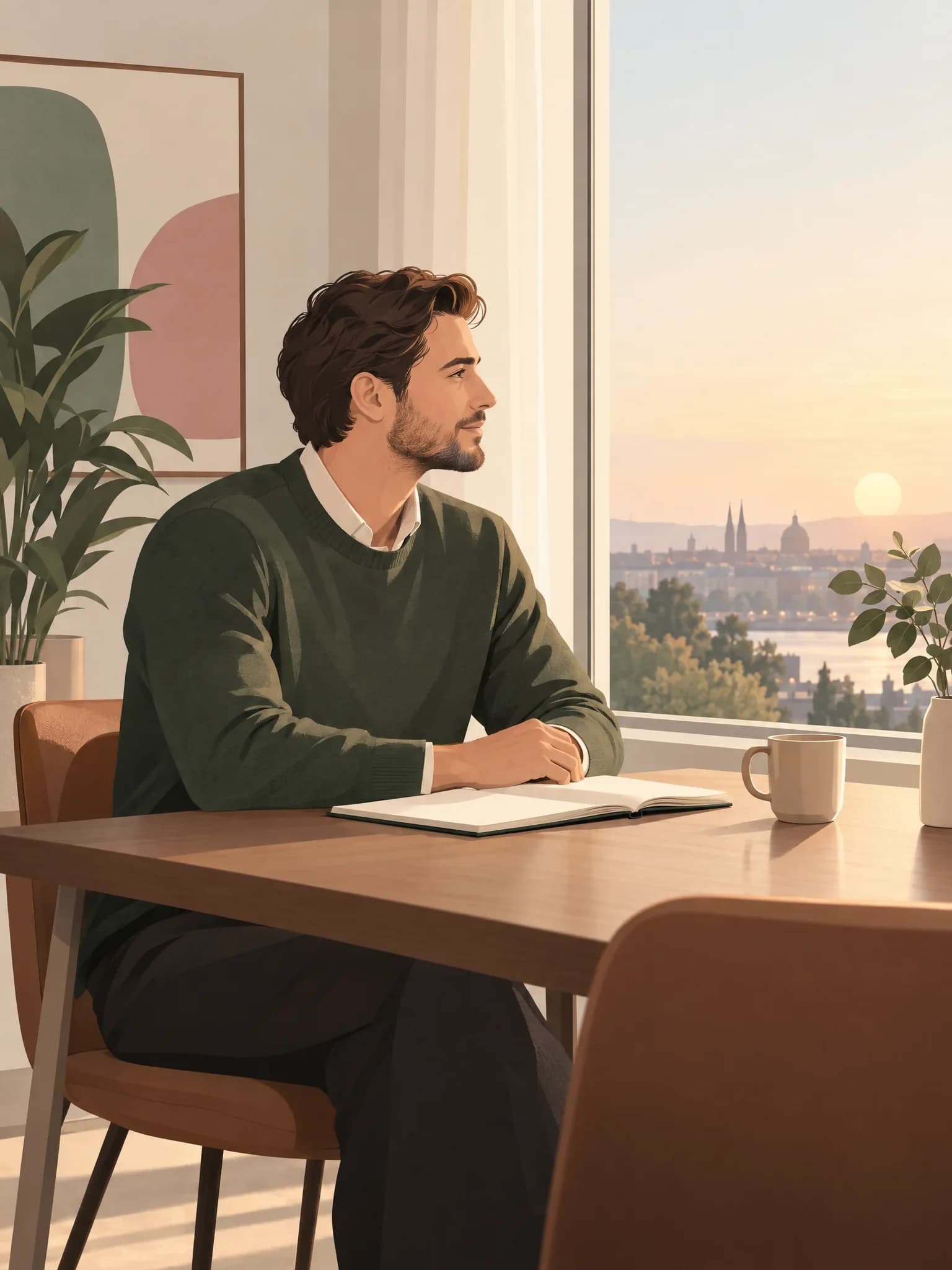 Ein Mann sitzt am frühen Morgen seitlich an einem Tisch am Fenster, vor ihm ein aufgeschlagenes Heft und eine Tasse, die Hände ruhen auf dem Papier.
