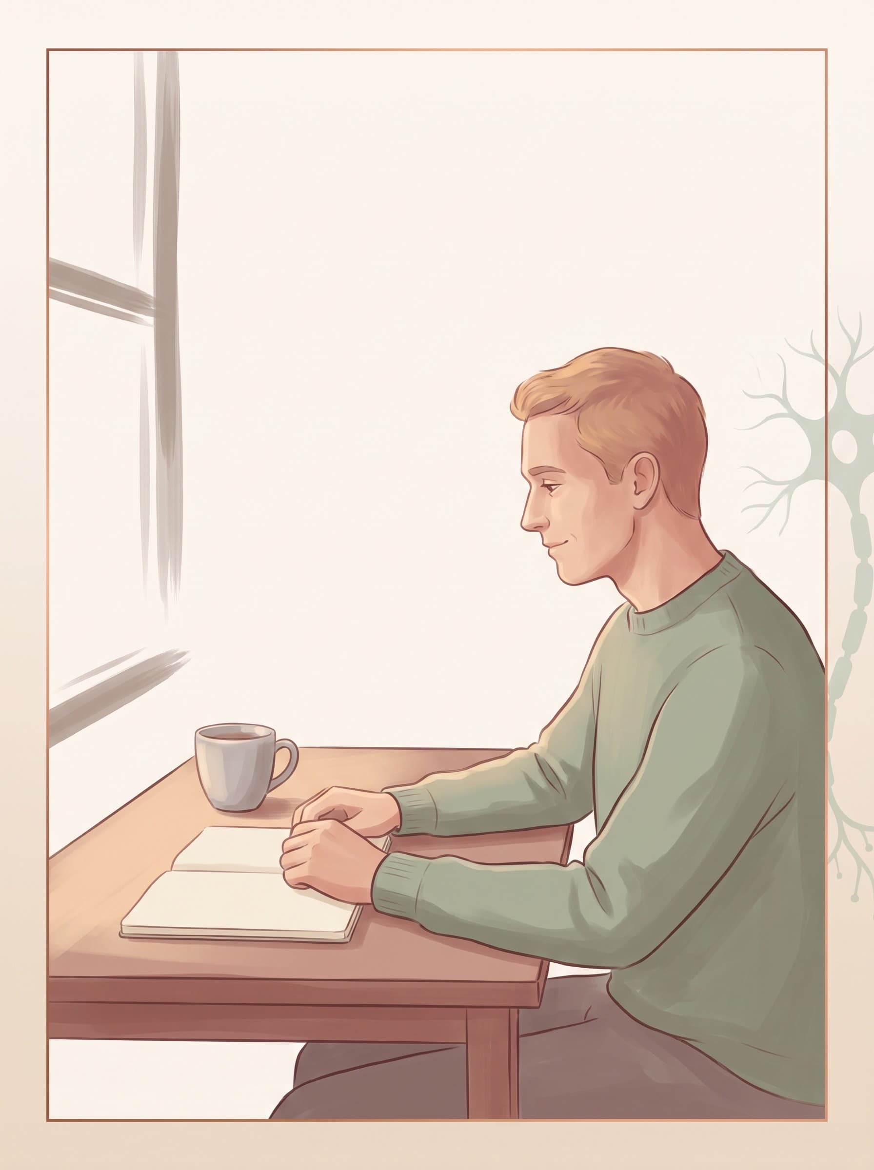 Ein Mann sitzt am frühen Morgen seitlich an einem Tisch am Fenster, vor ihm ein aufgeschlagenes Heft und eine Tasse, die Hände ruhen auf dem Papier.