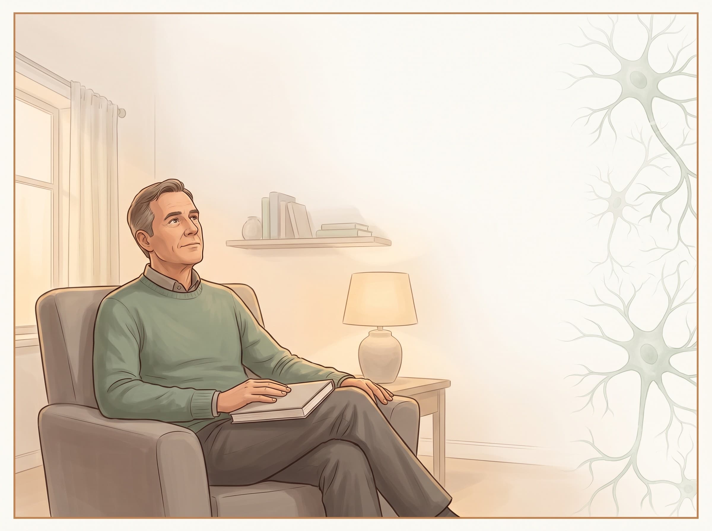 Ein Mann sitzt abends in einem Sessel im Wohnzimmer, ein geschlossenes Buch auf dem Knie, neben ihm eine brennende Tischlampe und ein Bücherbord.