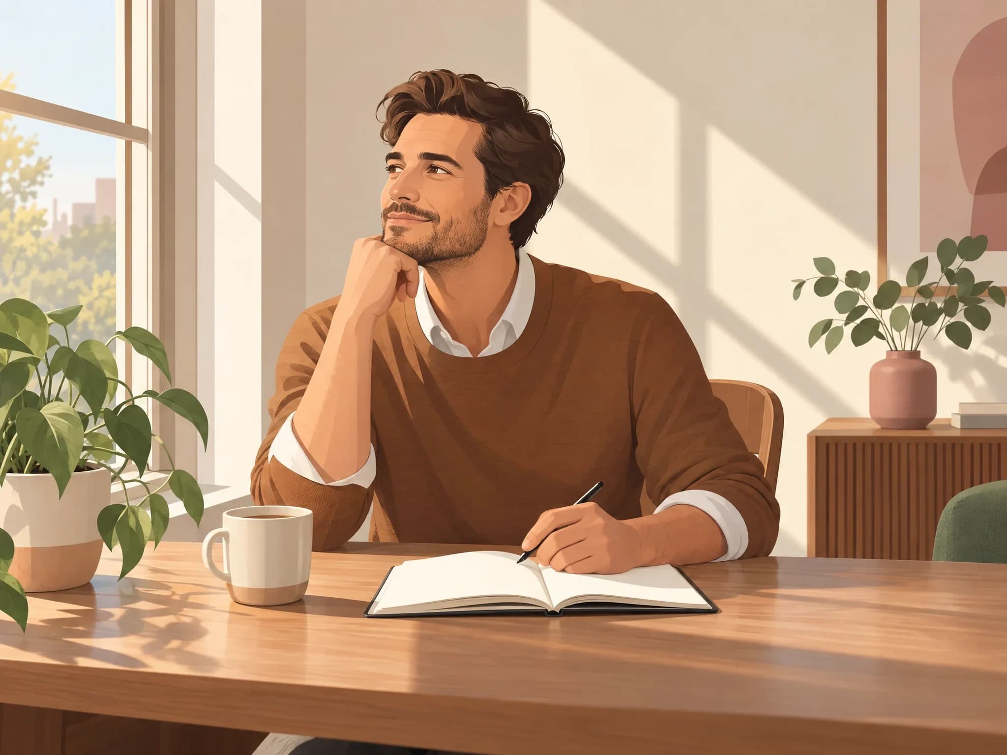 Ein Mann sitzt am Morgen an einem Holztisch am Fenster über einem aufgeschlagenen Heft, neben ihm eine Tasse und eine Zimmerpflanze, Sonnenlicht auf der Wand.