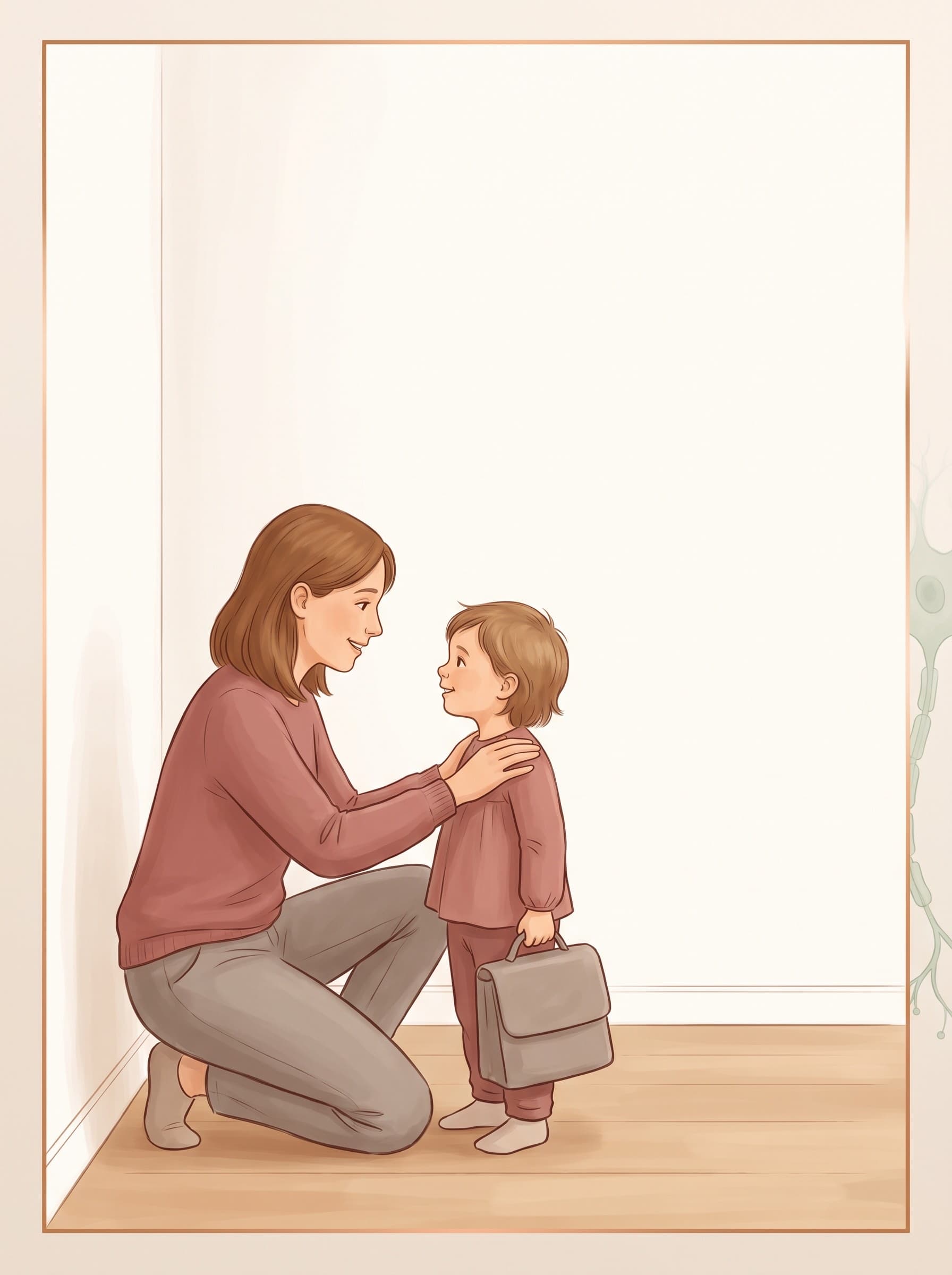 Ein Elternteil kniet im Flur auf Augenhöhe neben einem Kind, eine Hand auf dessen Schulter, beide sehen einander warm an, das Kind hält einen Schulranzen.