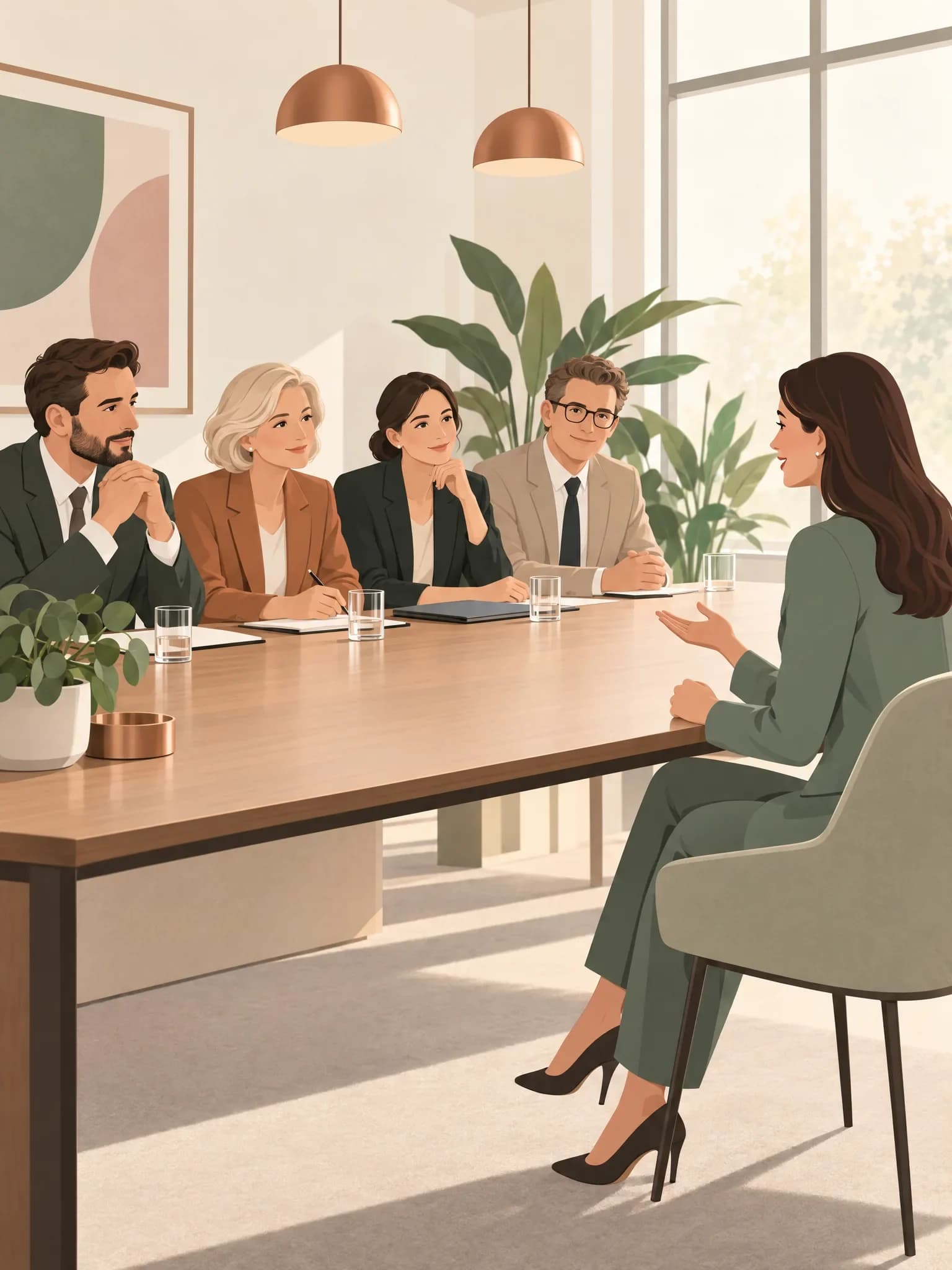 Ein Auswahlgespräch in einem hellen Besprechungsraum, vier Menschen sitzen auf einer Seite des langen Tisches, gegenüber spricht eine Bewerberin aufrecht und mit offener Hand.