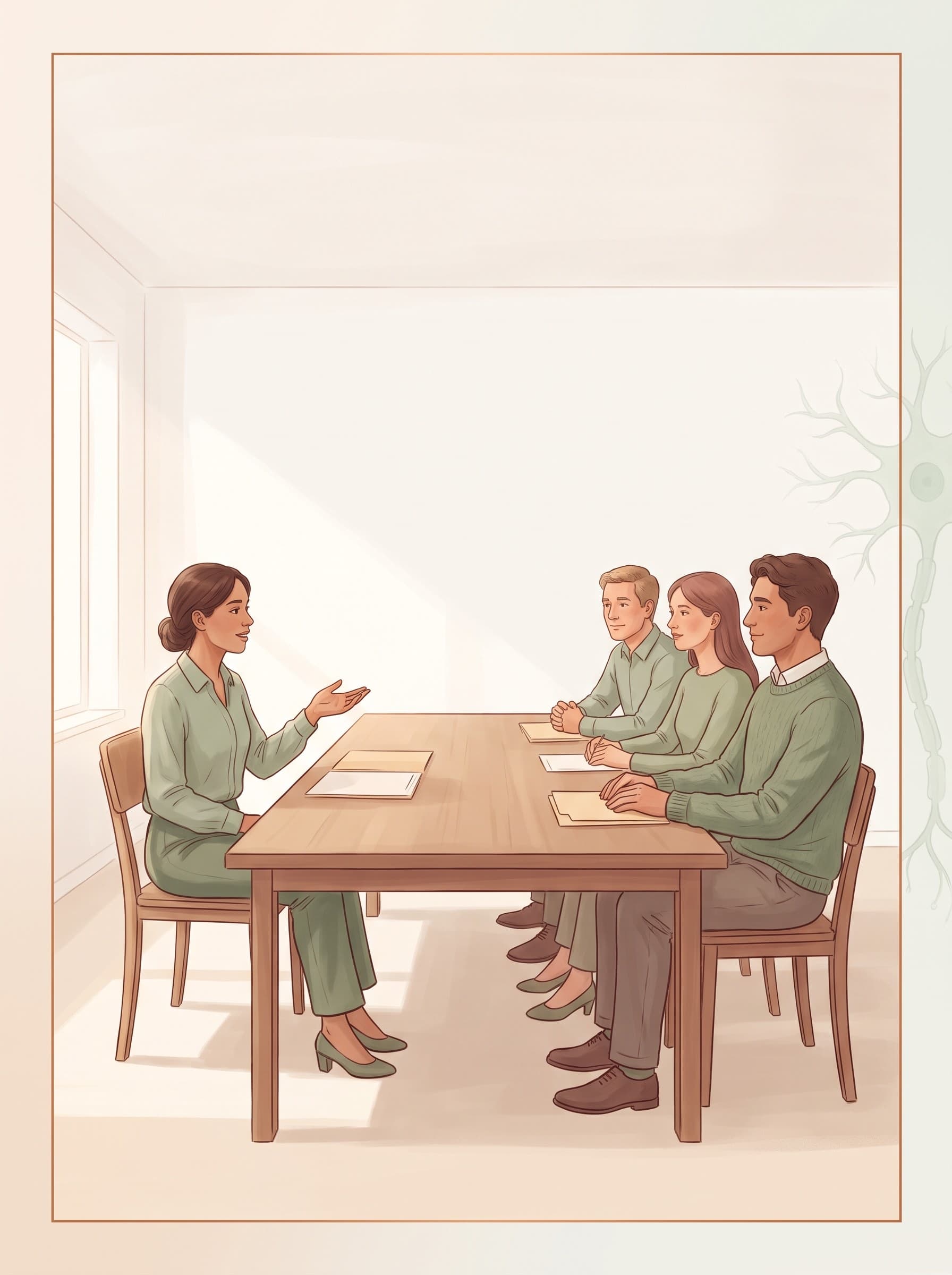 Ein Auswahlgespräch in einem hellen Besprechungsraum, vier Menschen sitzen auf einer Seite des langen Tisches, gegenüber spricht eine Bewerberin aufrecht und mit offener Hand.