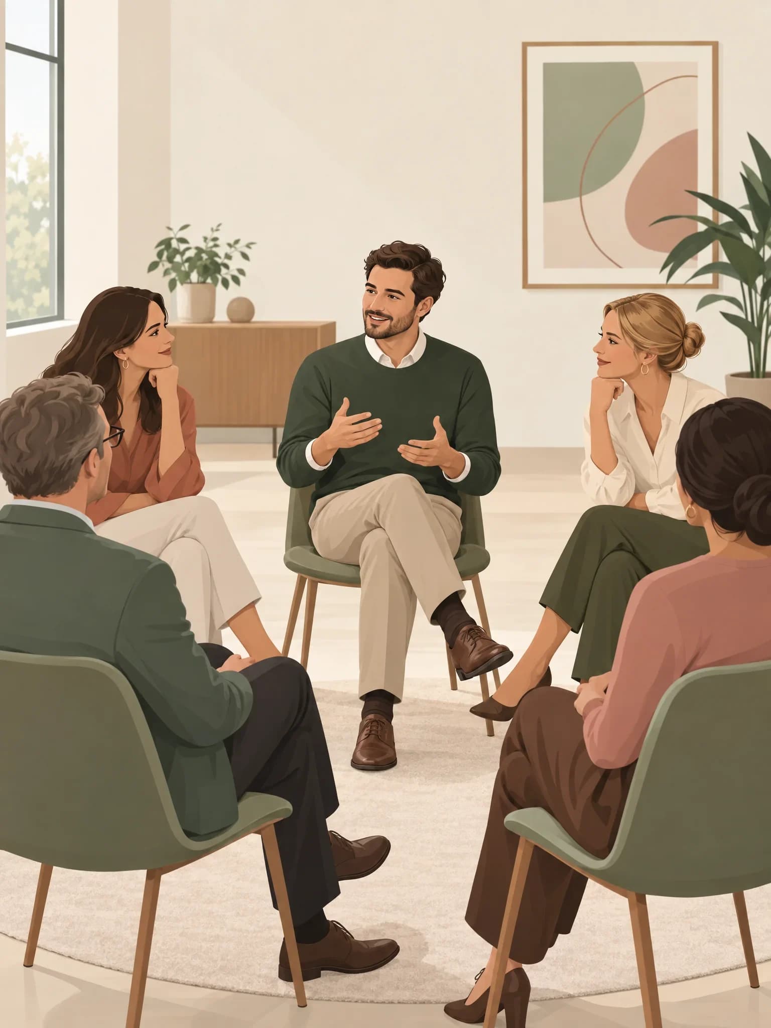 Fünf Menschen sitzen im Stuhlkreis eines schlichten Seminarraums, einer spricht mit leichtem Lächeln, die übrigen sind ihm interessiert zugewandt.