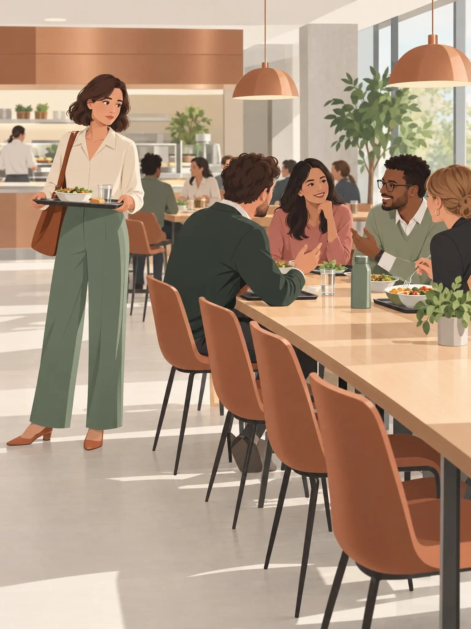 Eine Kantine am Mittag, eine Frau steht mit ihrem Tablett neben einer langen Tafel und zögert bei der Wahl des Platzes, während die Sitzenden miteinander sprechen.