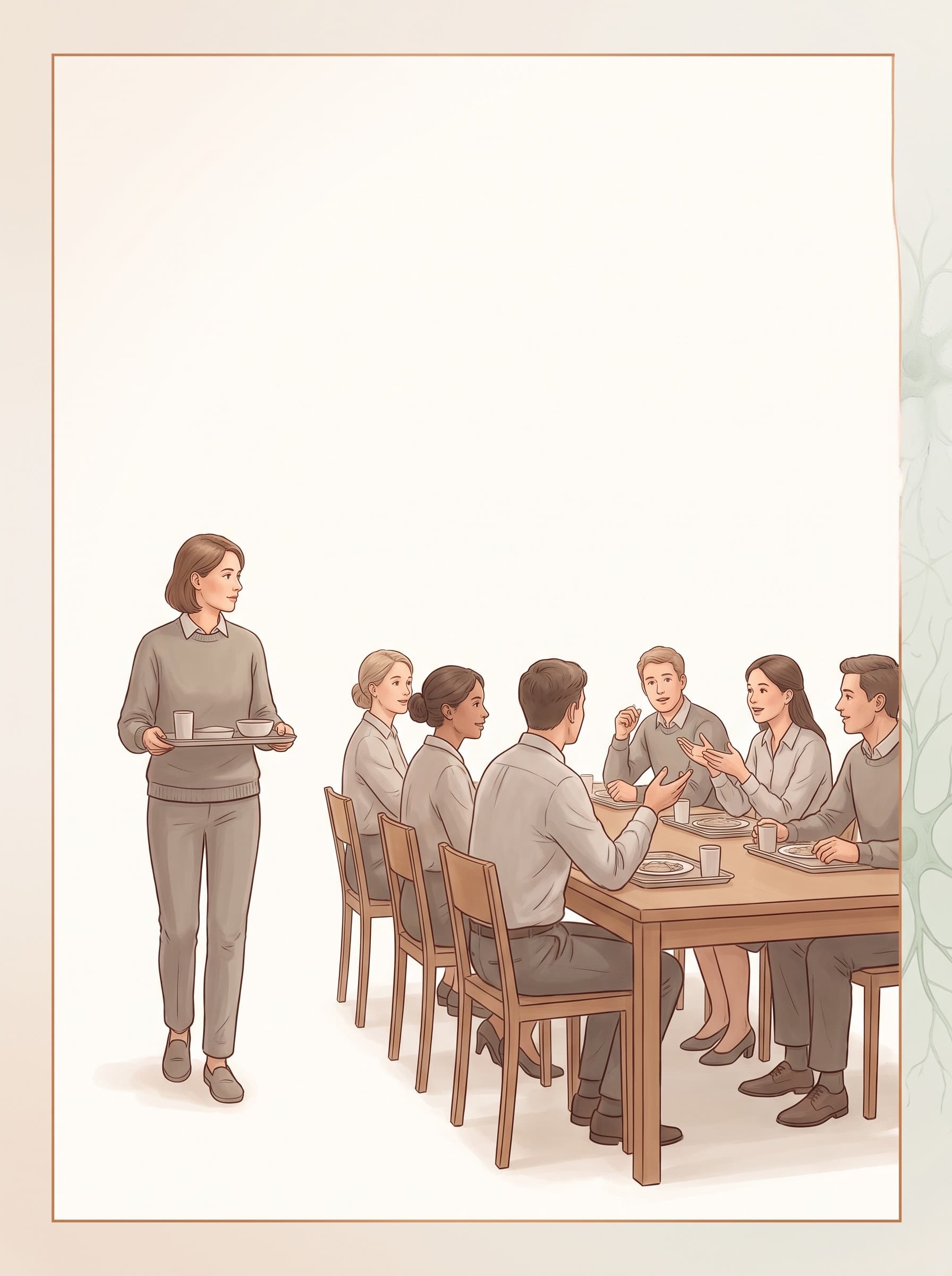 Eine Kantine am Mittag, eine Frau steht mit ihrem Tablett neben einer langen Tafel und zögert bei der Wahl des Platzes, während die Sitzenden miteinander sprechen.