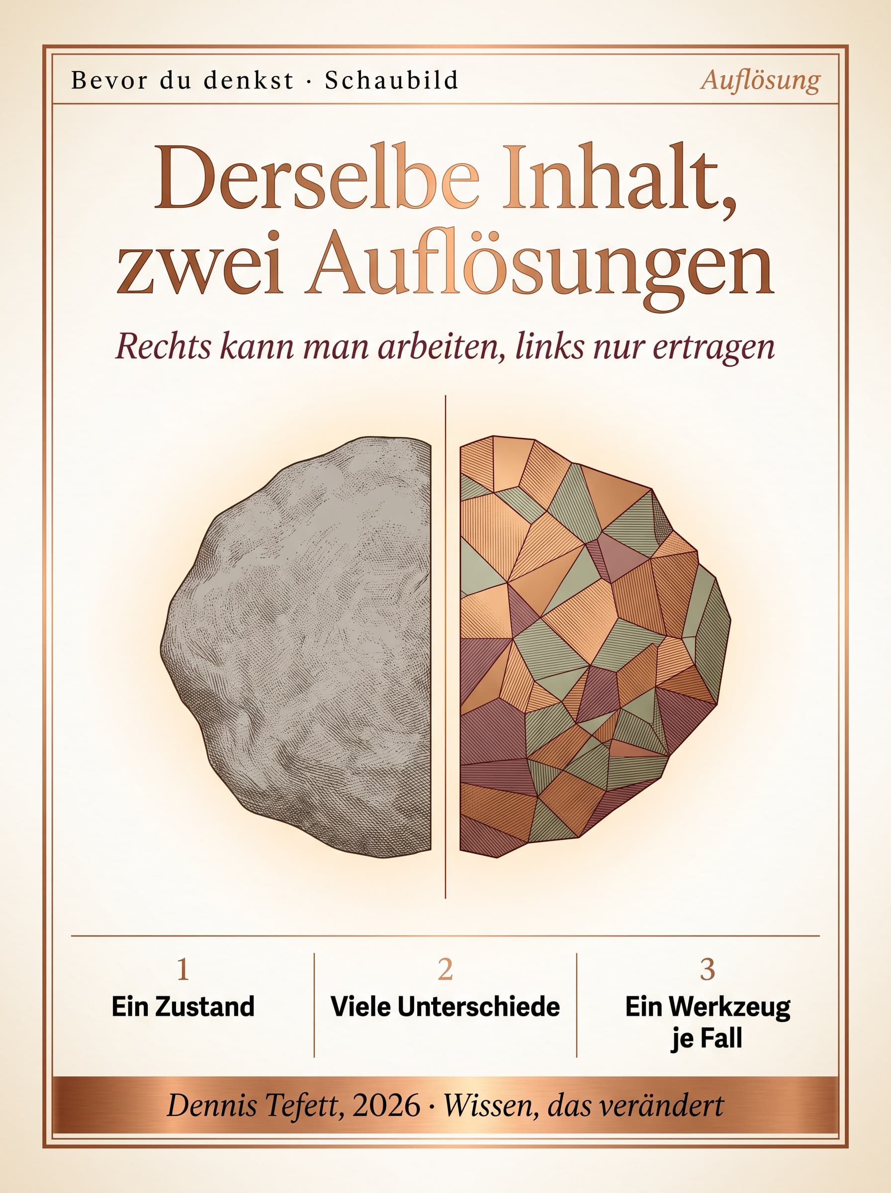 Schaubild: links ein einzelner grober Block, rechts derselbe Inhalt fein aufgelöst in viele unterscheidbare Teile.