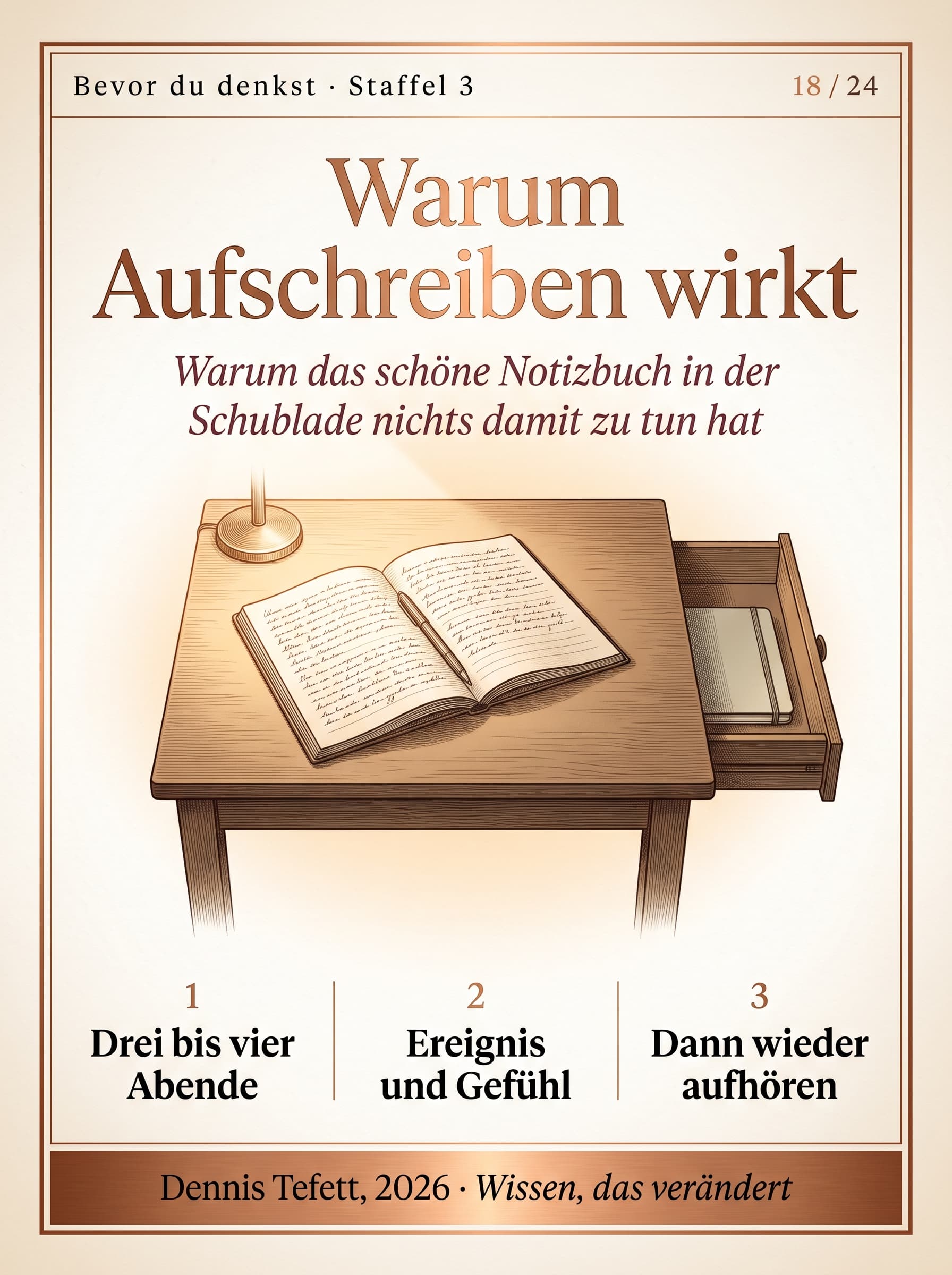 Ein aufgeschlagenes Notizbuch auf einem Küchentisch bei Abendlicht, daneben eine halb geschlossene Schublade mit einem zweiten, unbenutzten Buch.