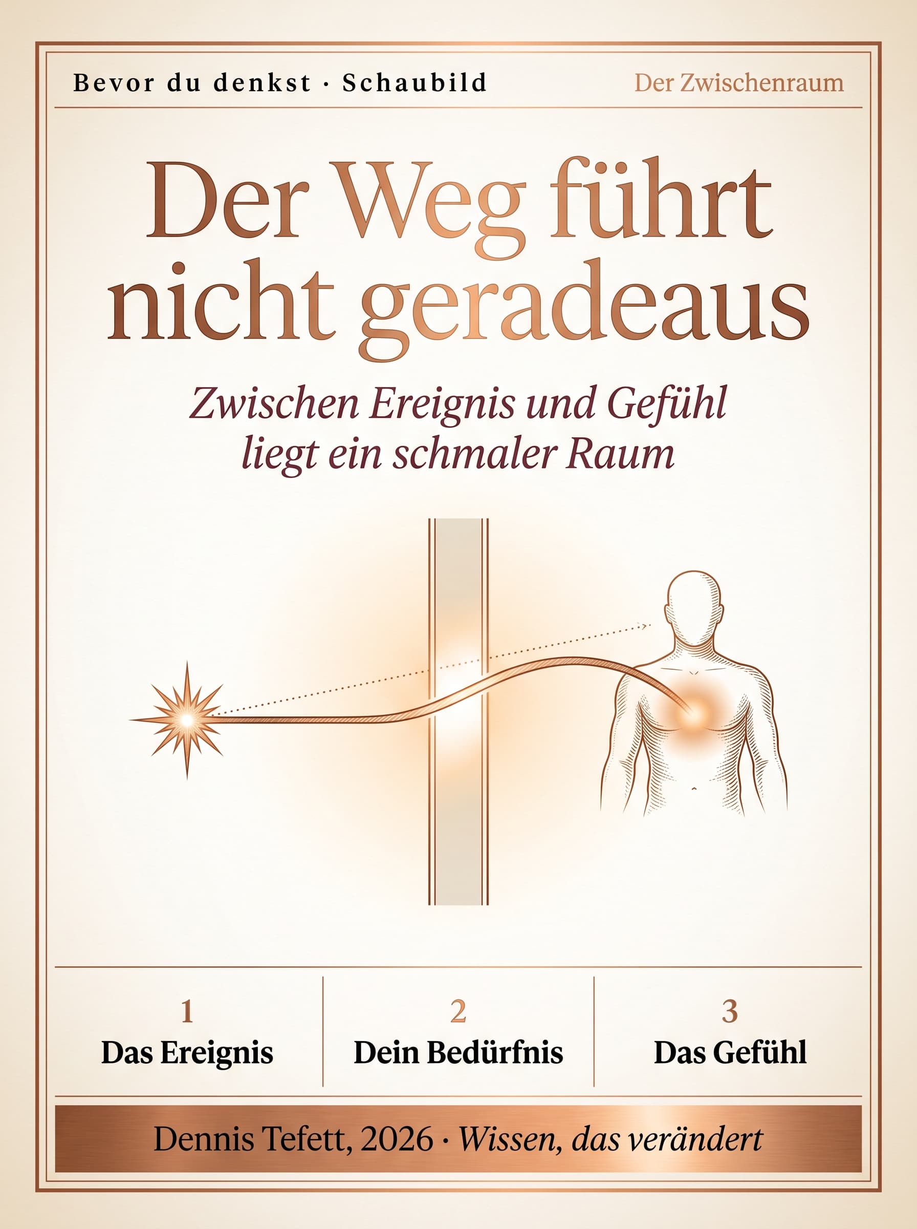 Schaubild: von einem Ereignis führt ein Pfeil nicht direkt zum Gefühl, sondern durch ein schmales Feld, in dem Bedürfnis und Bewertung liegen.