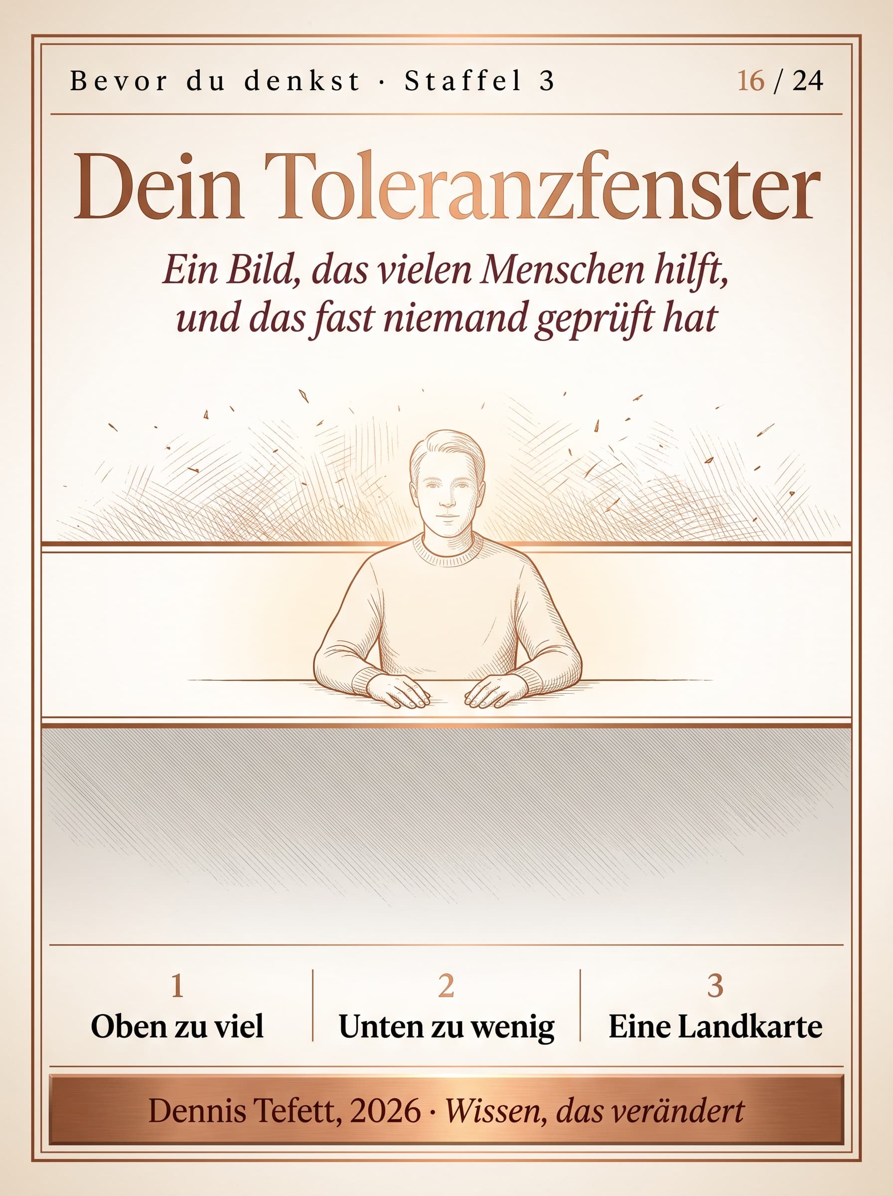 Ein Mensch sitzt an einem Tisch, um ihn herum ein waagerechtes Band. Oberhalb wird es unruhig und hell, unterhalb still und grau.