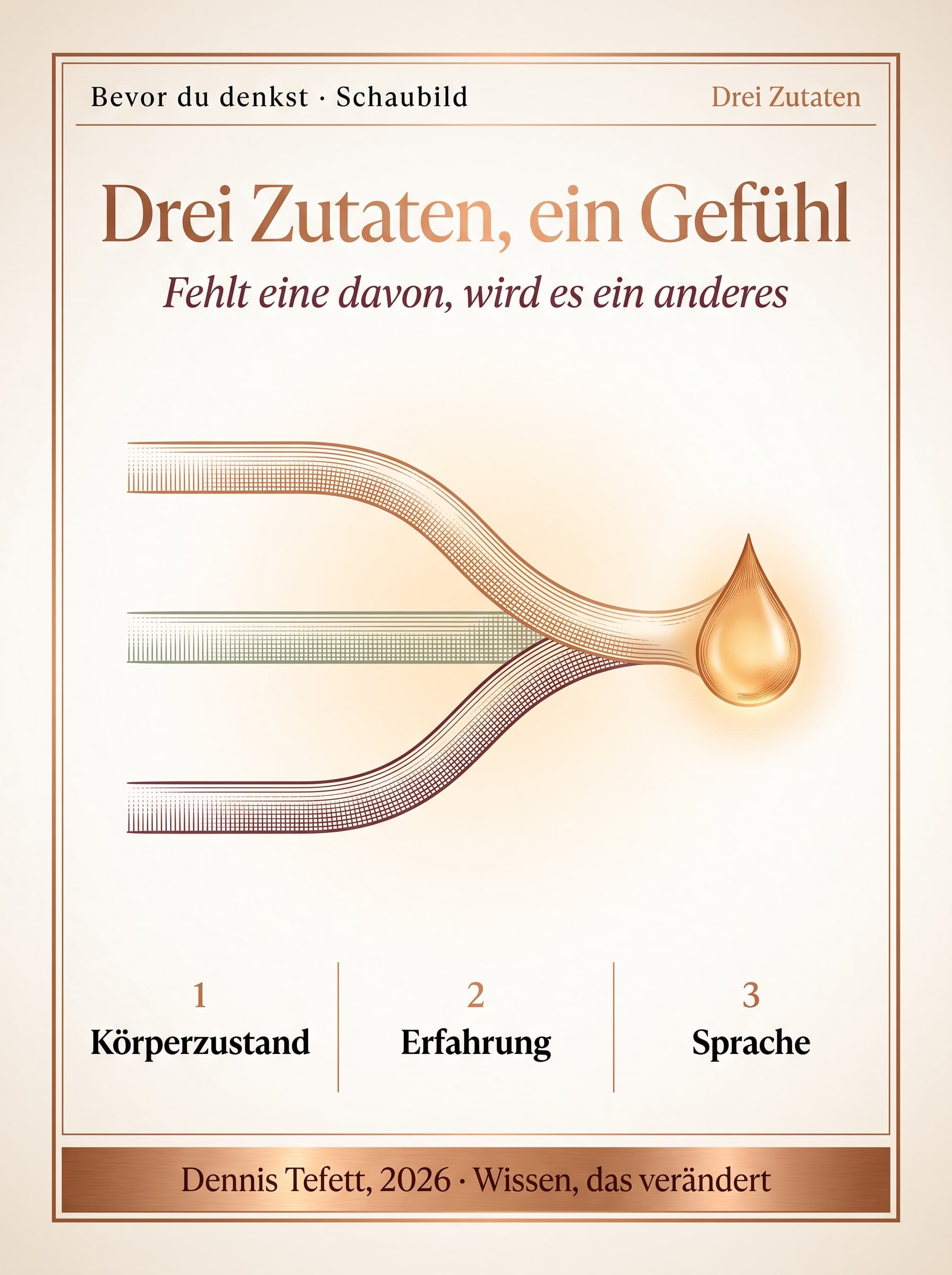 Schaubild: drei Zuflüsse, Körperzustand, Erfahrung und Sprache, laufen zusammen und ergeben ein Gefühl.