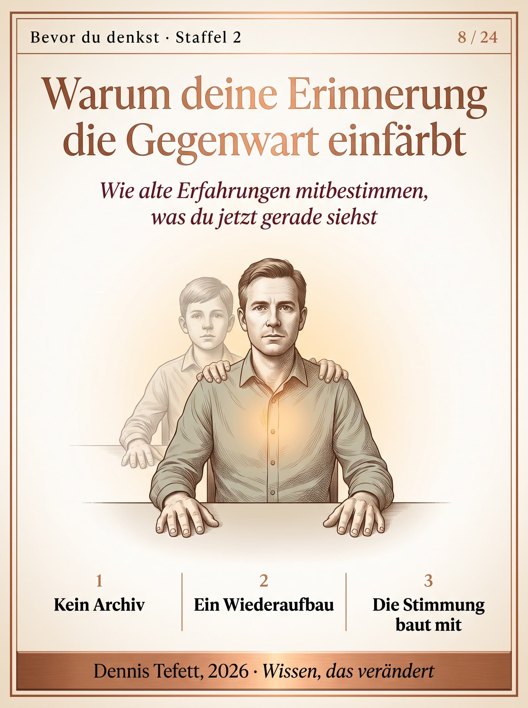 Ein Mensch sitzt an einem Tisch, hinter ihm liegt derselbe Raum in einer älteren, blasseren Fassung übereinander.