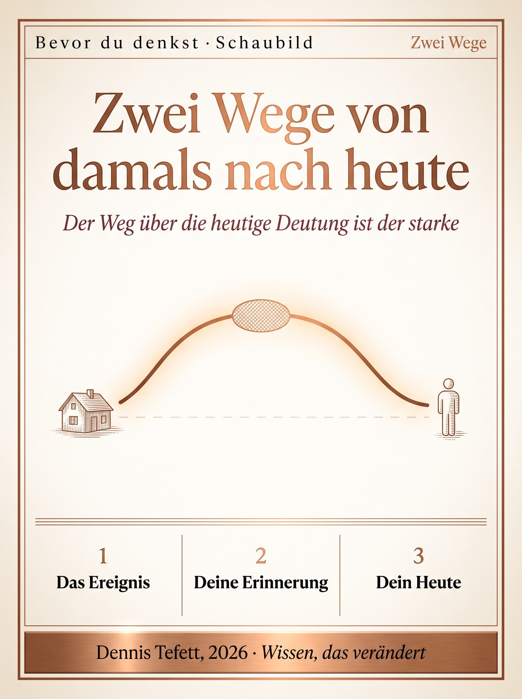 Schaubild: zwei Pfade führen von der Kindheit zur Gegenwart. Der direkte Pfad ist blass und dünn, der Pfad über die heutige Erinnerung ist kräftig.