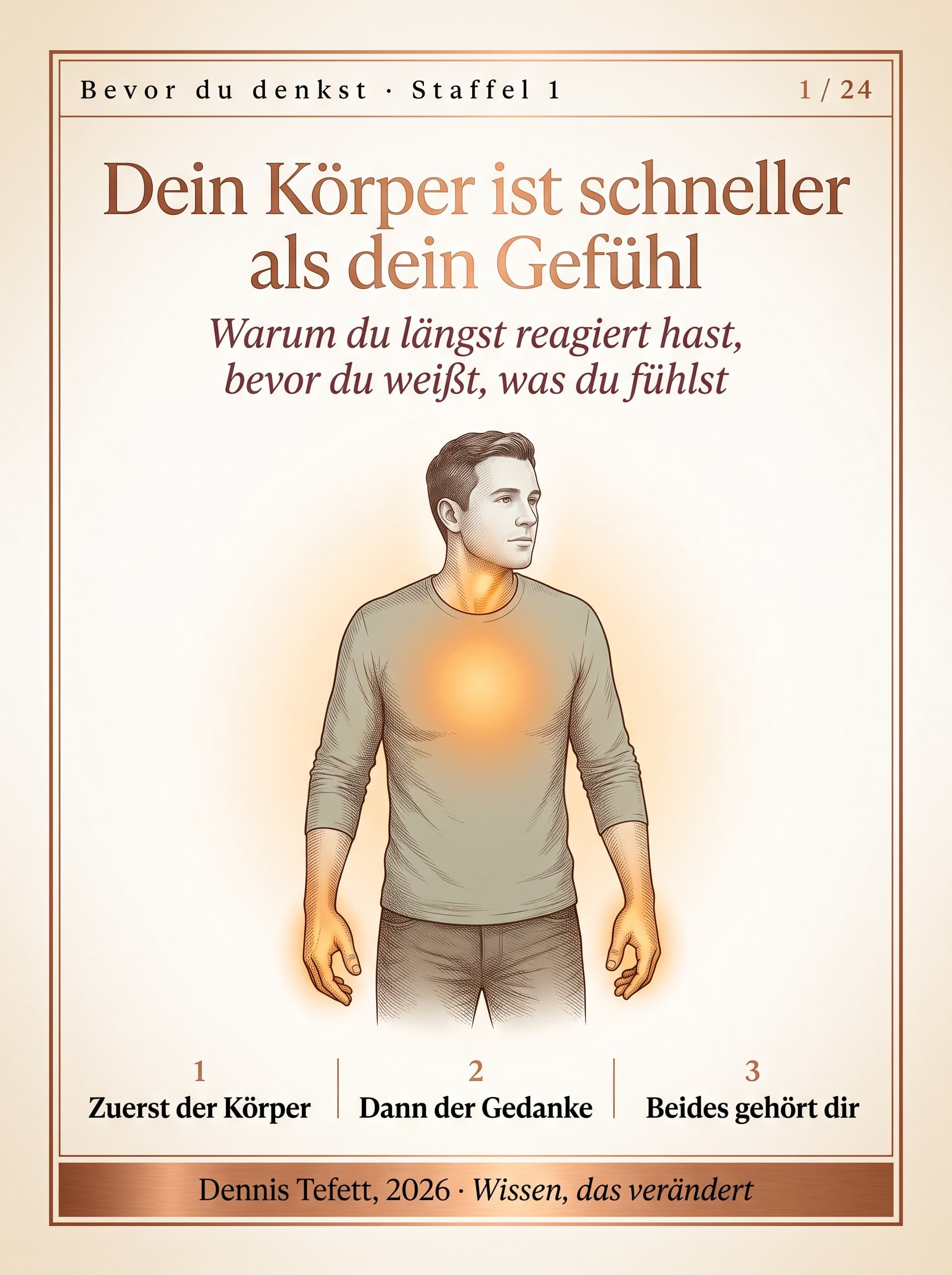 Ein Mensch im Profil, im Körper leuchten Brust, Hals und Hände auf, bevor der Kopf reagiert.