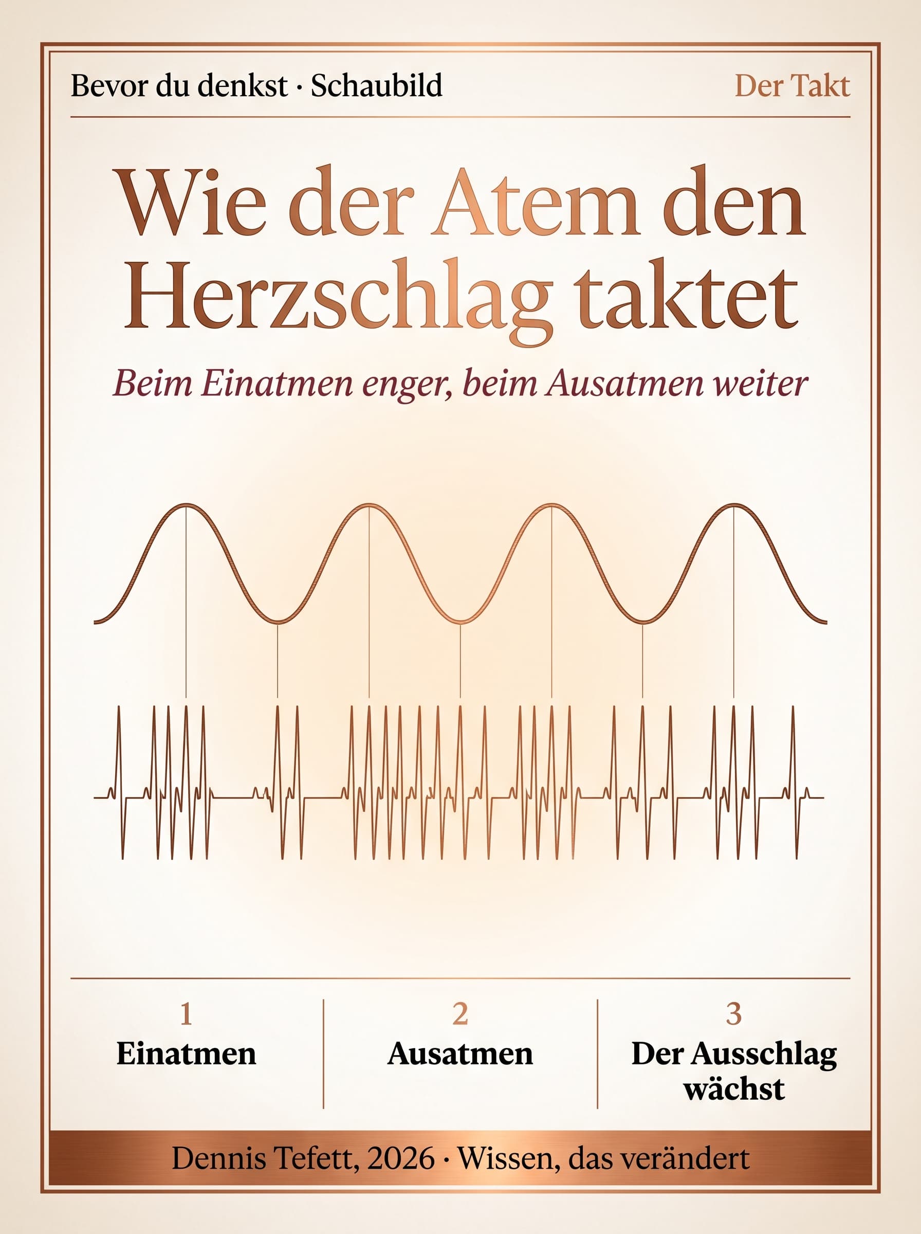 Schaubild: eine Atemkurve und darunter eine Herzschlagkurve. Beim Einatmen rücken die Herzschläge enger zusammen, beim Ausatmen weiter auseinander.