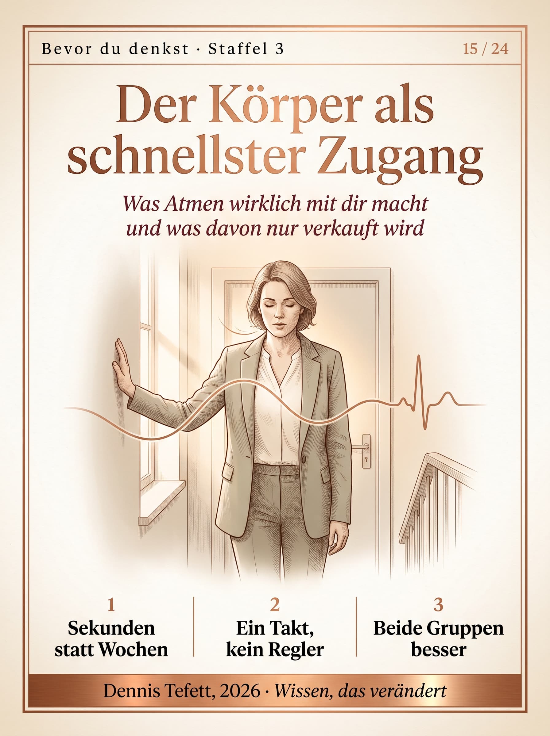 Eine Frau steht in einem Treppenhaus vor einer geschlossenen Tür und atmet aus. Um ihren Brustraum eine ruhige Welle, die den Herzschlag mitnimmt.