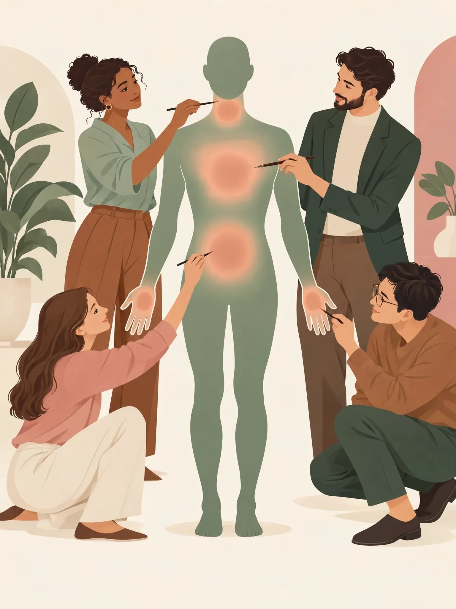 Schaubild: Körperumriss mit den Zonen, an denen Menschen Gefühle am häufigsten beschreiben, Brust, Hals, Bauch und Hände.