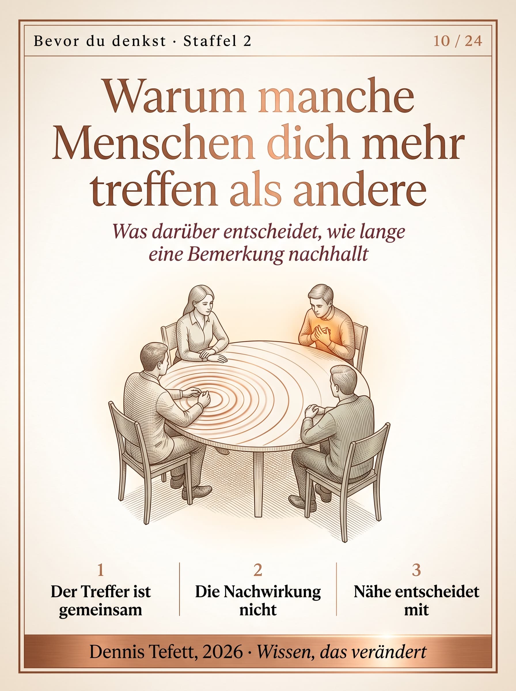 Mehrere Menschen um einen Tisch, von einer Person geht eine Welle aus, die nur bei einer zweiten sichtbar ankommt.