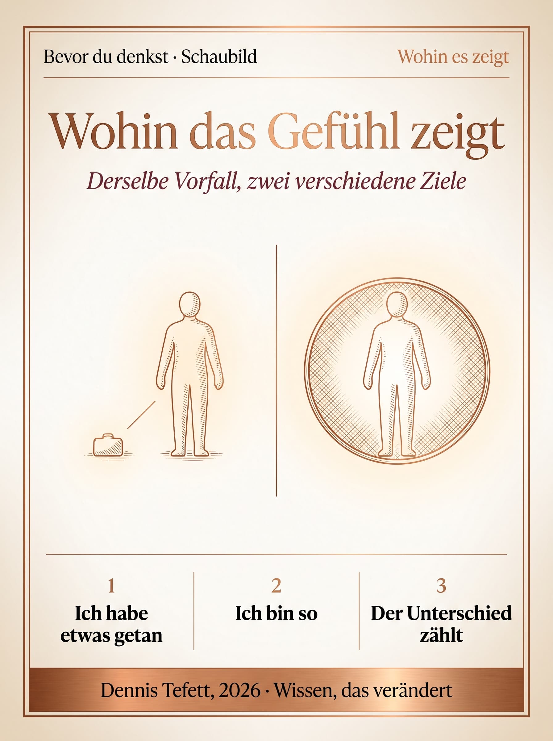 Schaubild: bei Schuld zeigt ein Pfeil auf eine einzelne Handlung, bei Scham umschließt der Kreis die ganze Person.