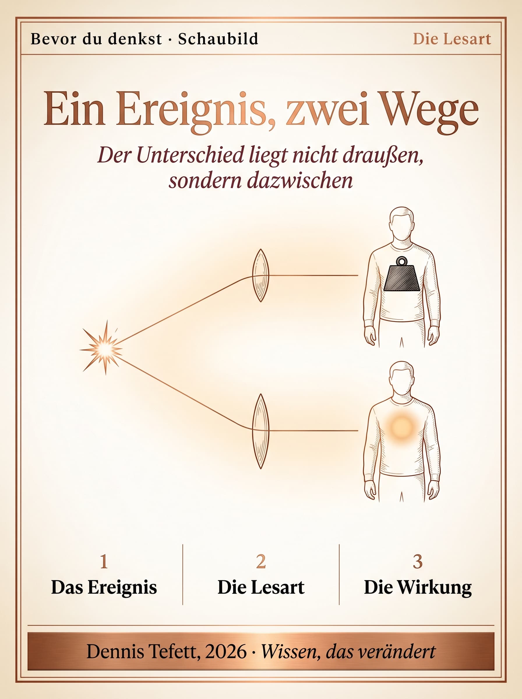 Schaubild: von einem Ereignis führen zwei Wege zu zwei verschiedenen Gefühlen. Der Unterschied liegt nicht im Ereignis, sondern in der Lesart dazwischen.