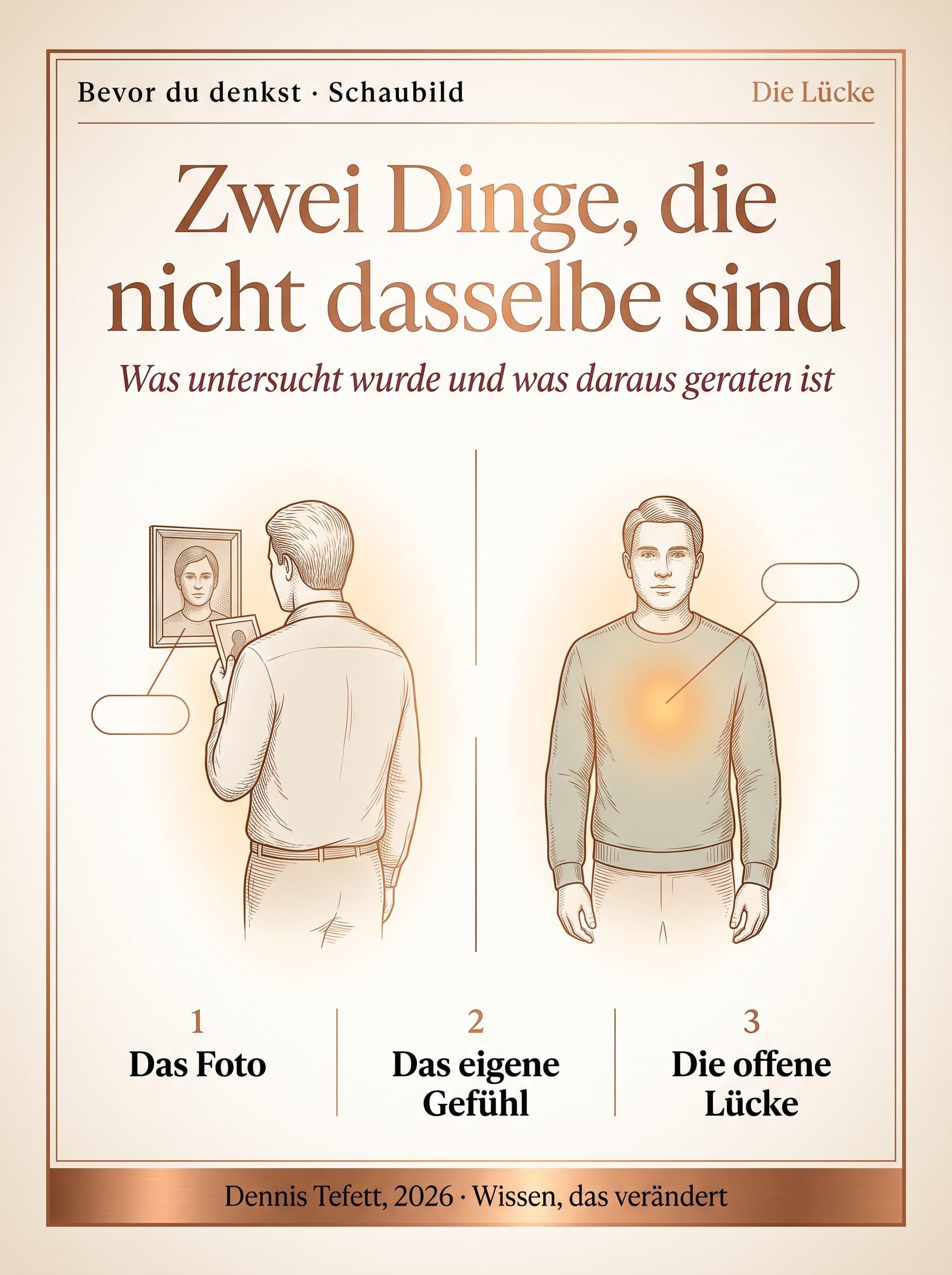Schaubild: links ein Mensch, der ein Foto eines fremden Gesichts betrachtet und ein Wort auswählt, rechts ein Mensch, der sein eigenes Gefühl benennt. Zwischen beiden eine Lücke.
