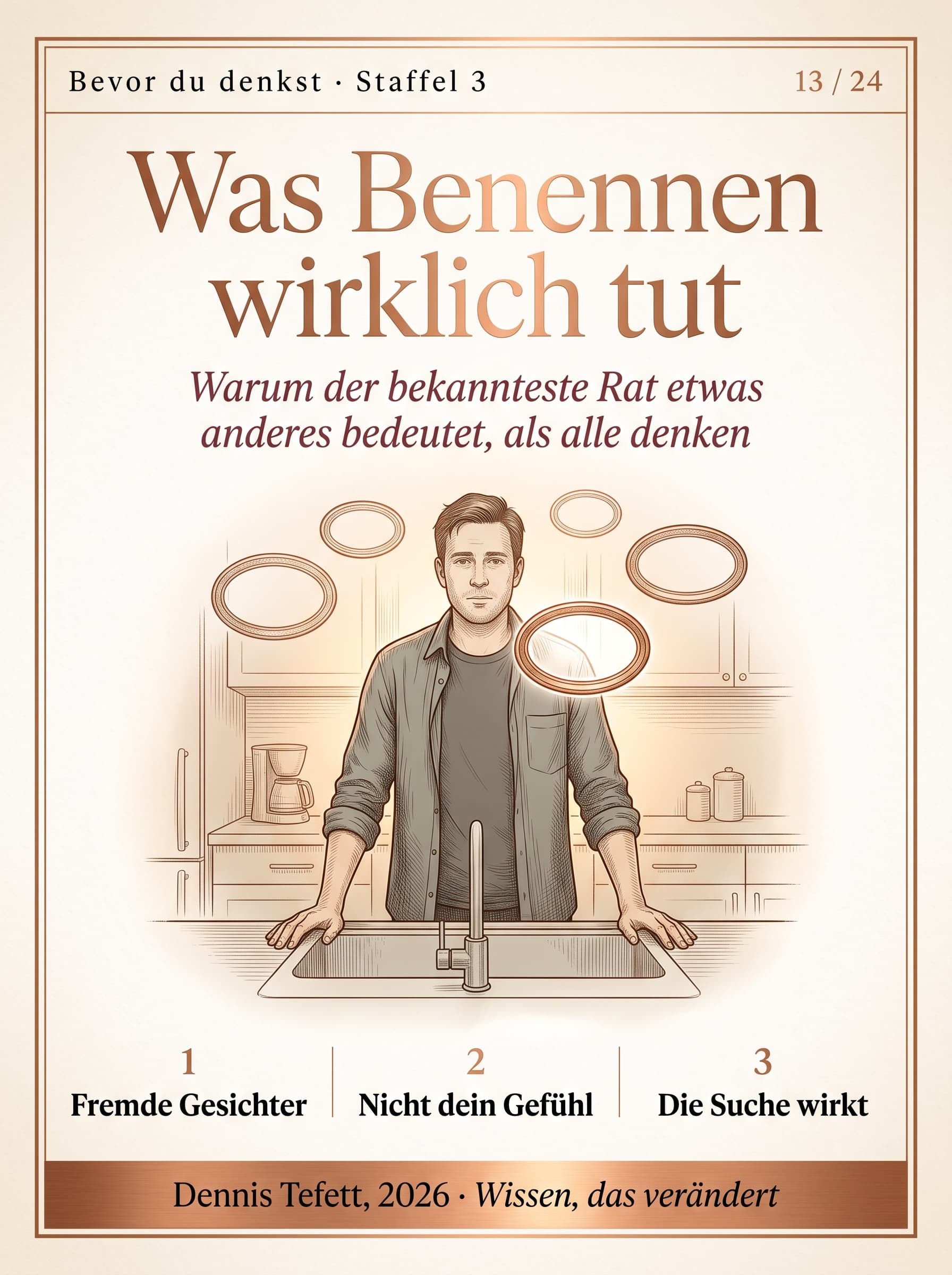 Ein Mensch steht abends in einer Küche und sucht nach einem Wort. Über ihm schweben mehrere Wörter, von denen keines ganz passt.