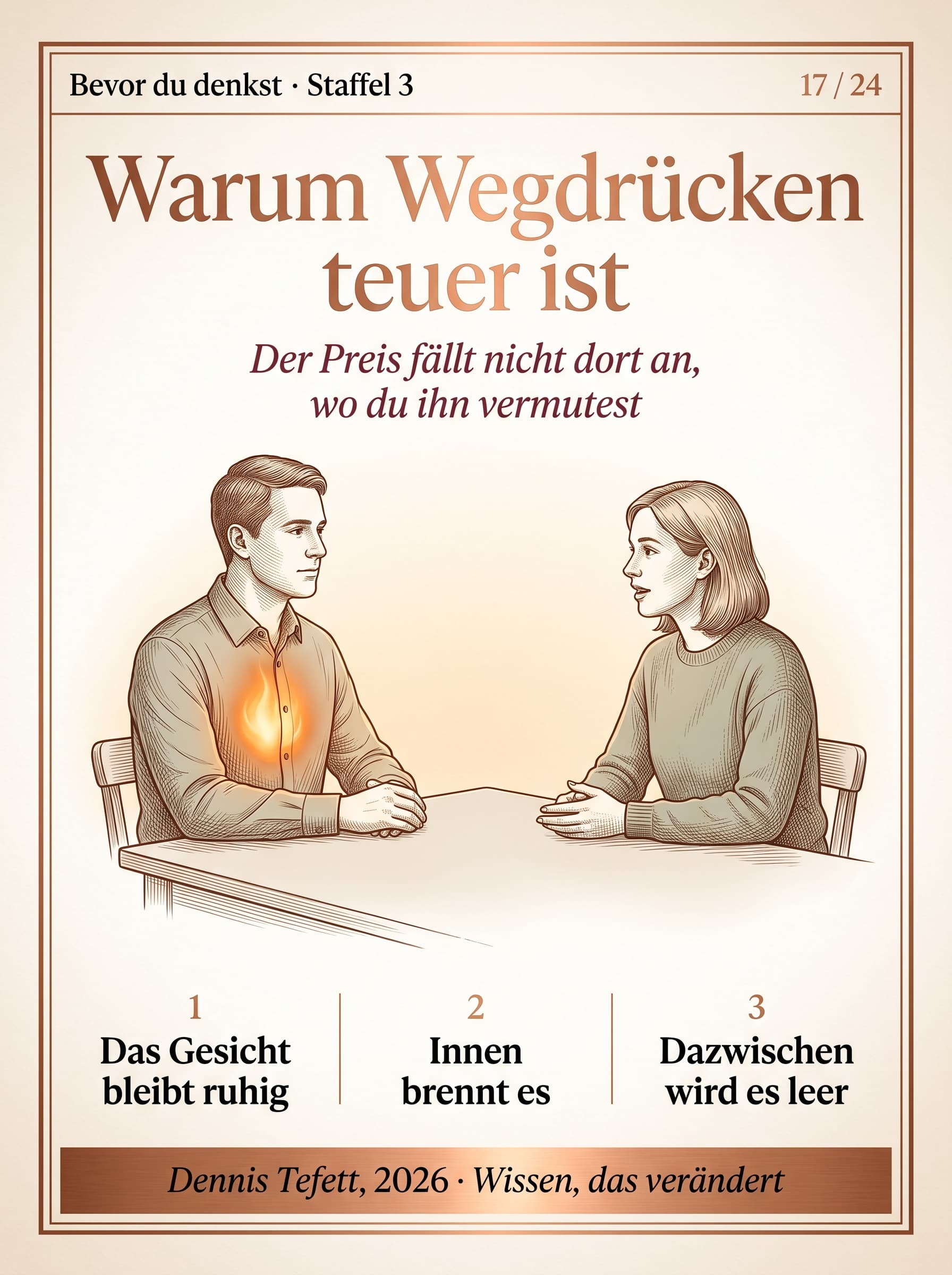 Zwei Menschen sitzen an einem Küchentisch. Das Gesicht des einen ist ruhig, im Brustraum leuchtet es. Zwischen beiden ist der Raum leer.