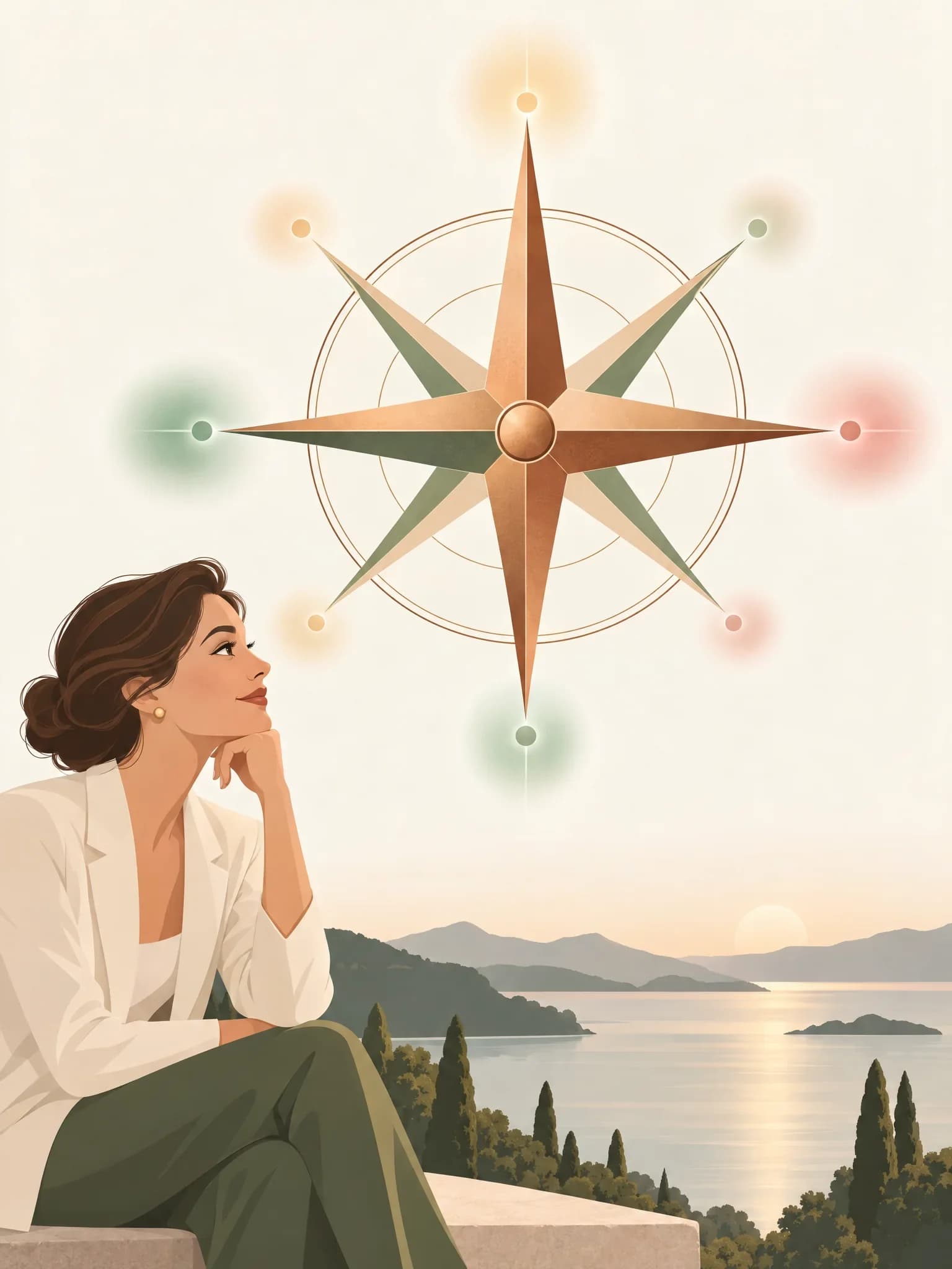 Eine feine Kompassrose, jede Richtung endet in einem sanften farbigen Leuchten.