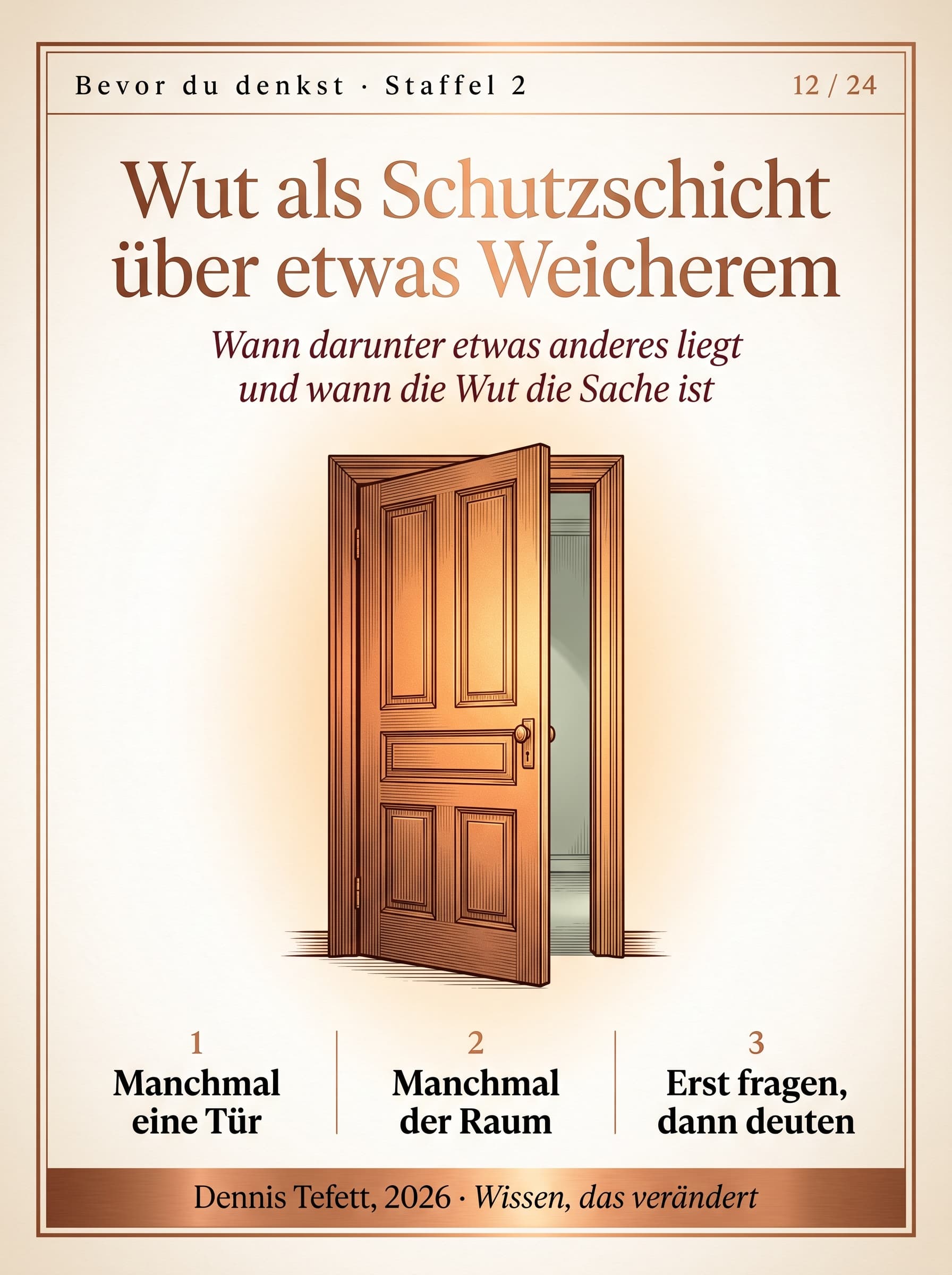 Eine angelehnte Tür, dahinter ein zweiter Raum, im Vordergrund glüht die Türfläche warm auf.