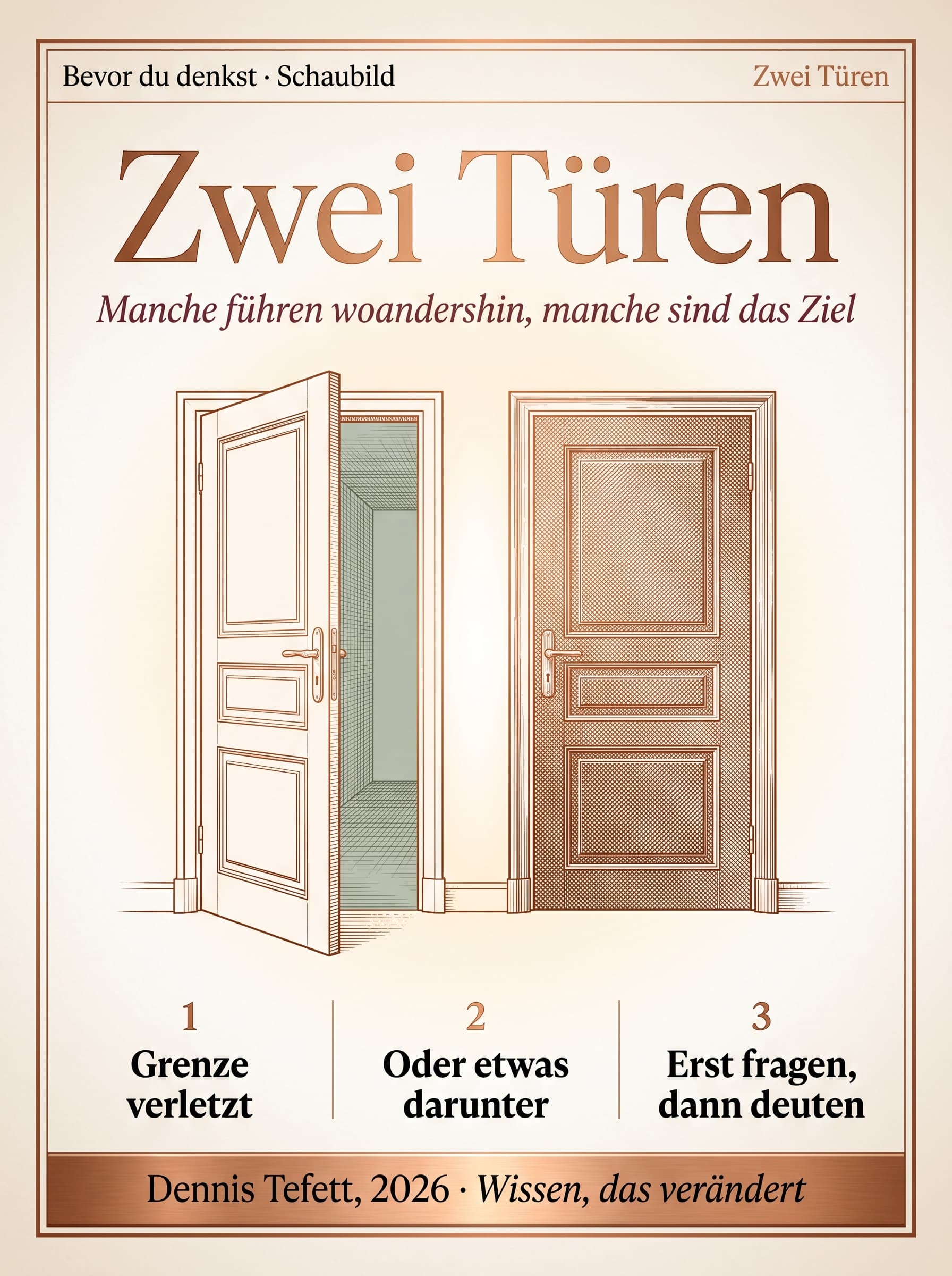 Schaubild: zwei Türen nebeneinander. Hinter der einen liegt ein weiterer Raum, die andere ist geschlossen und massiv.