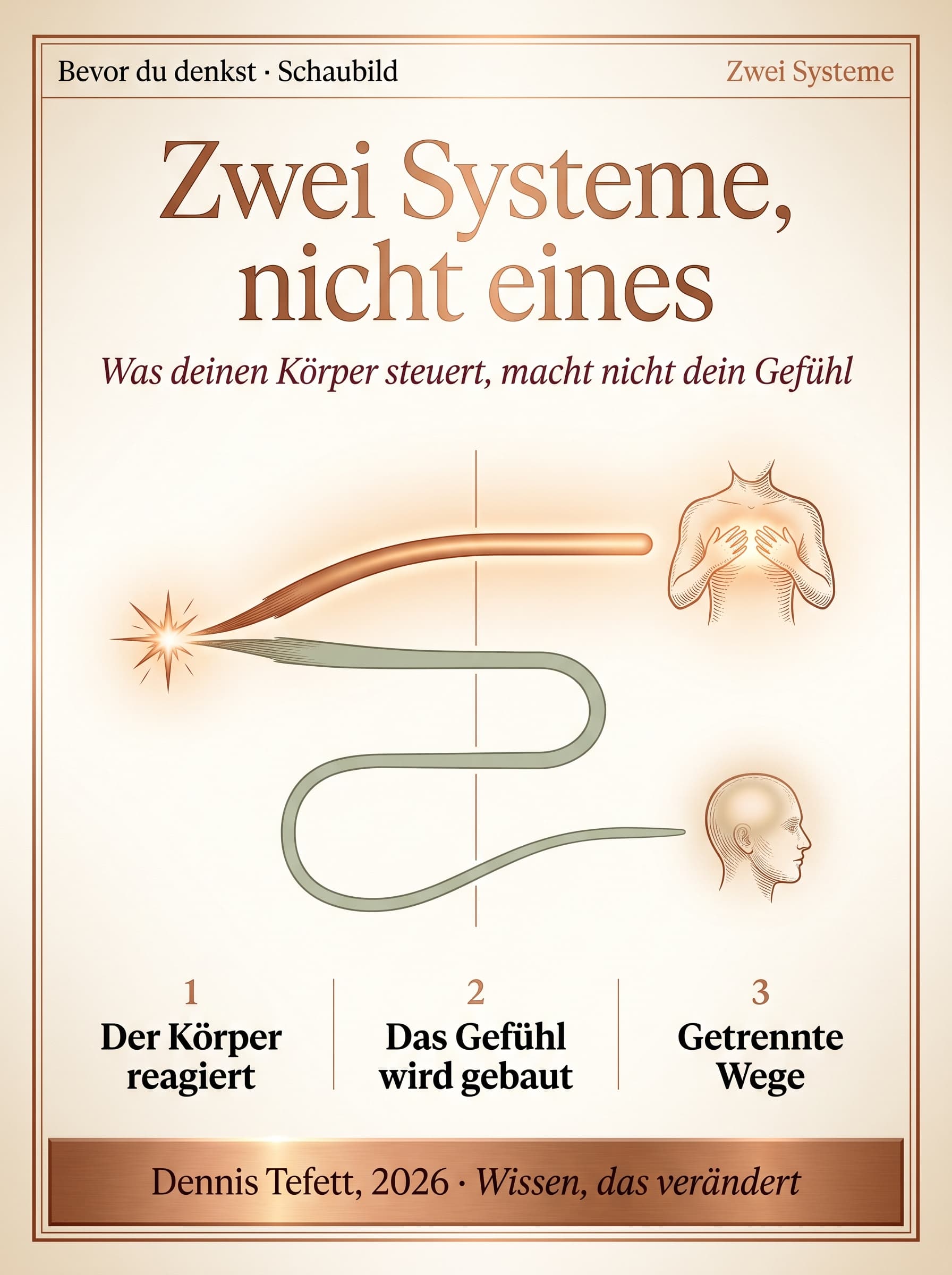 Schaubild: zwei getrennte Wege im Gehirn. Der eine steuert Körper und Verhalten und läuft ohne Bewusstsein, der andere erzeugt das bewusste Gefühl.