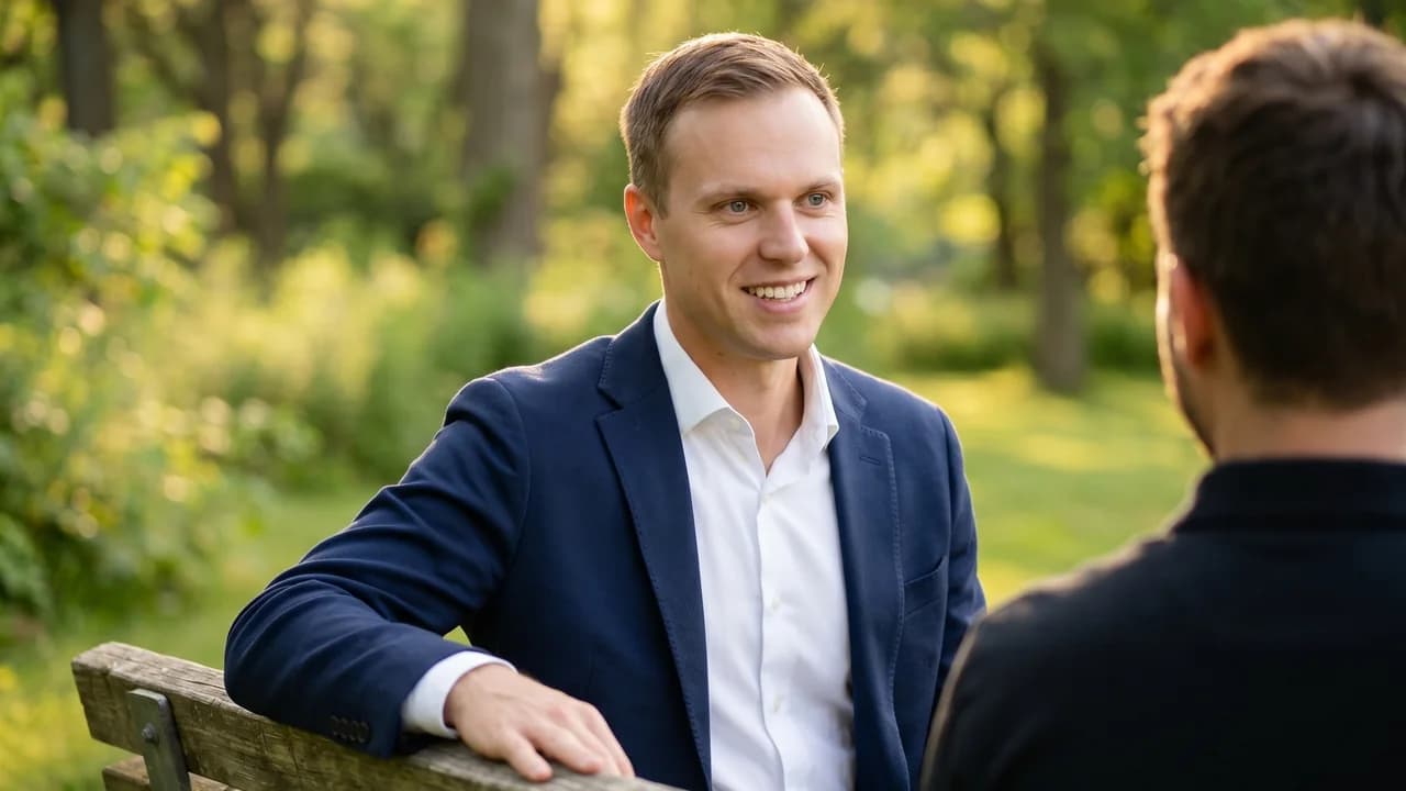 Coaching-Gespräch im Freien auf einer Parkbank mit Dennis Tefett