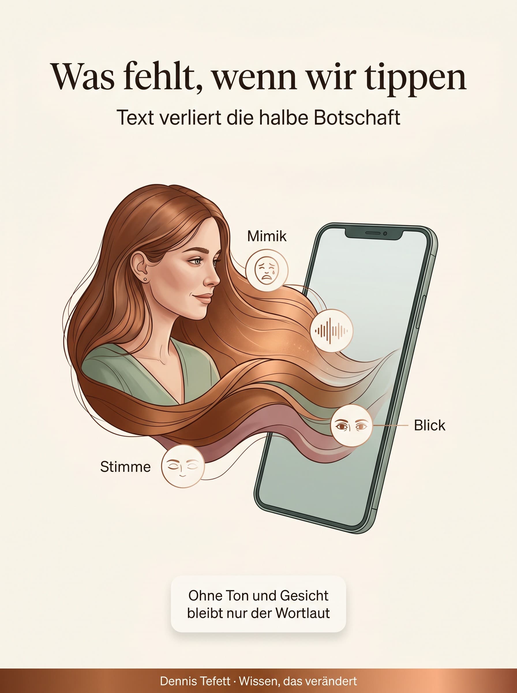 Infografik: Was fehlt, wenn wir nur tippen. Im Text gehen Mimik, Stimme und Blick verloren, es bleibt nur der reine Wortlaut.