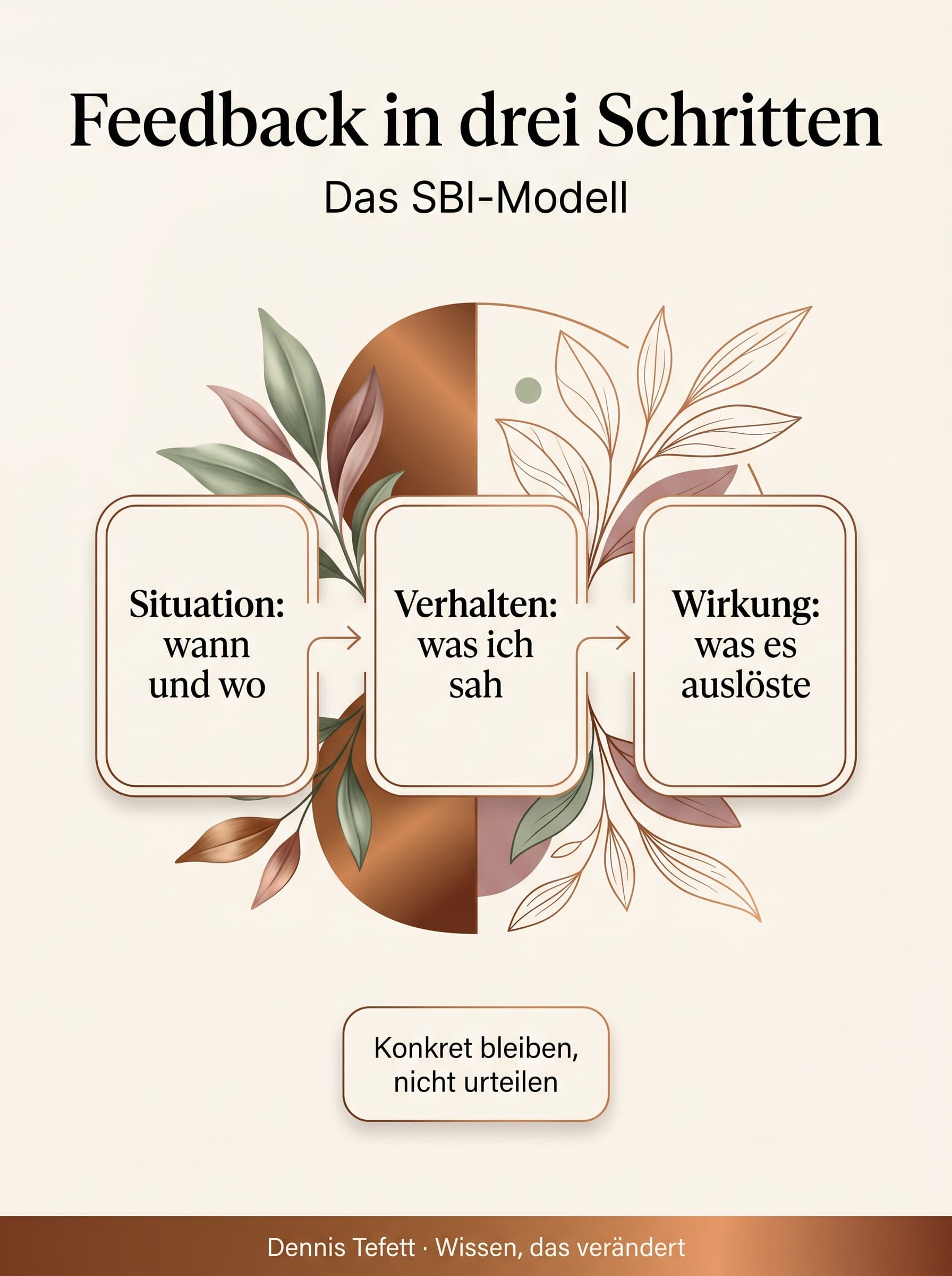Infografik: Feedback in drei Schritten nach dem SBI-Modell. Situation, wann und wo. Verhalten, was ich sah. Wirkung, was es auslöste. Konkret bleiben statt urteilen.
