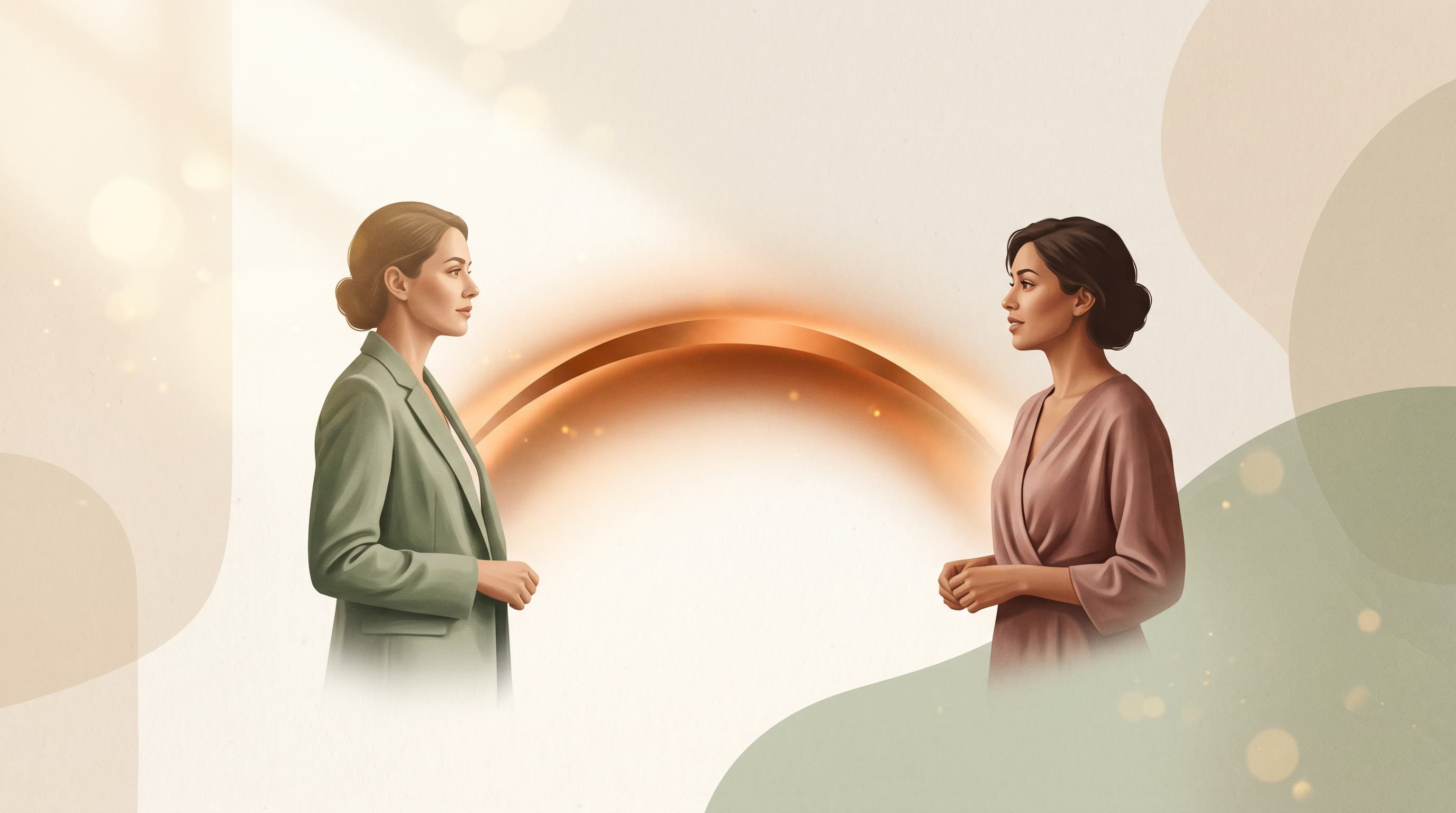 Zwei Menschen in einem angespannten Gespräch, einer bleibt ruhig und zugewandt, warmes Kupfer- und Sage-Licht