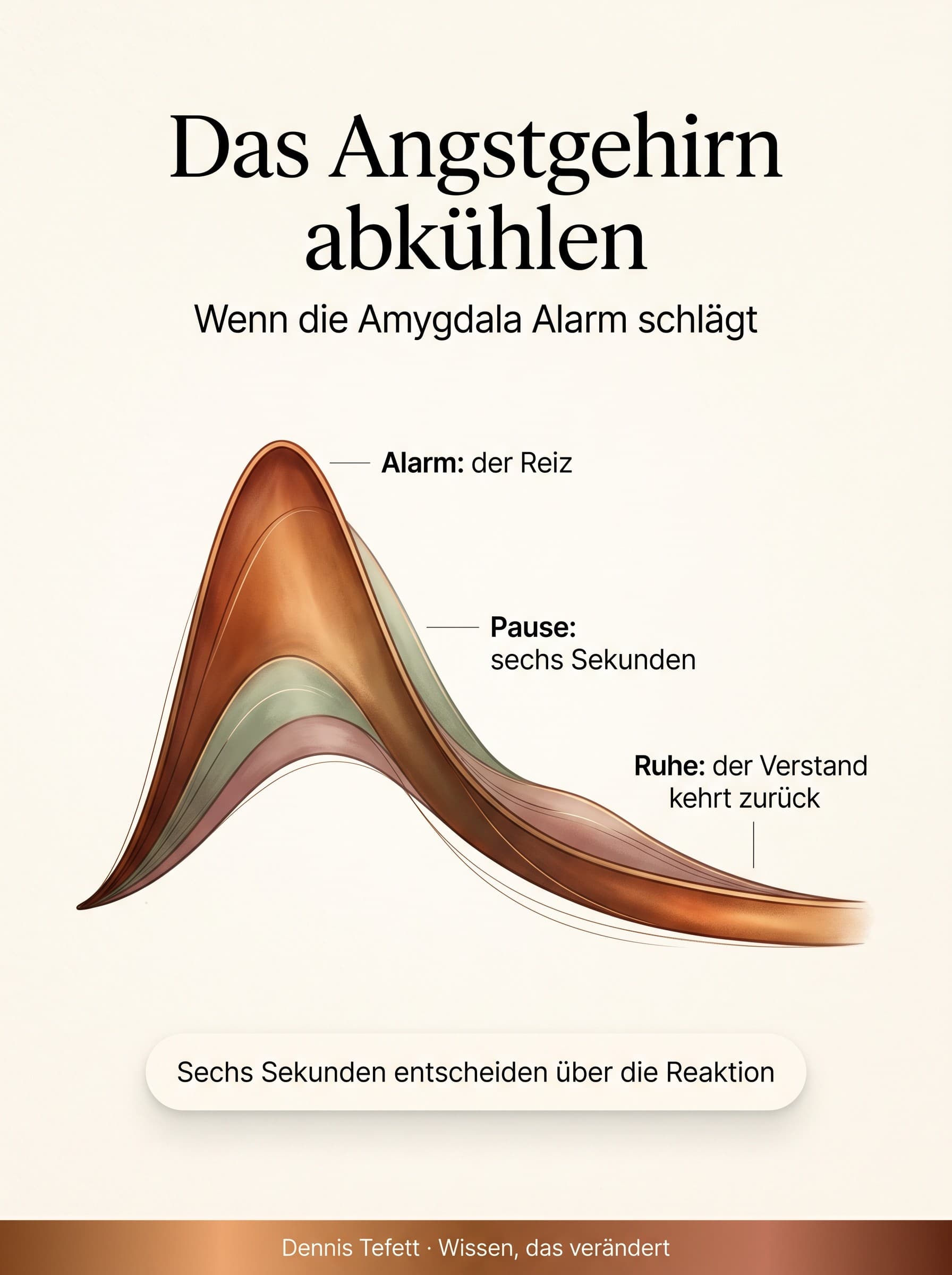 Infografik: Das Angstgehirn abkühlen. Auf den Alarm der Amygdala folgt eine Pause von etwa sechs Sekunden, dann kehrt die Ruhe und der Verstand zurück. Sechs Sekunden entscheiden über die Reaktion.