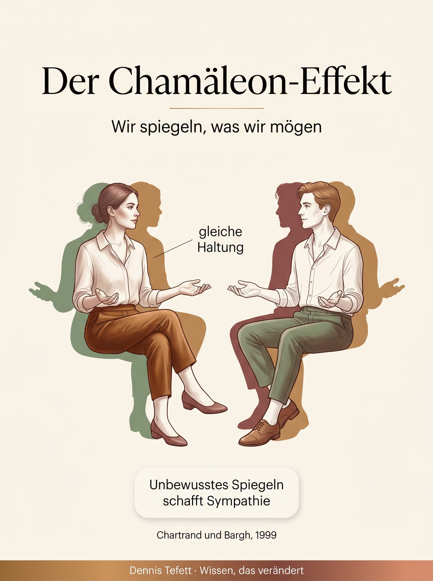 Infografik: Der Chamäleon-Effekt. Menschen spiegeln unbewusst die Haltung ihres Gegenübers, was sie mögen. Unbewusstes Spiegeln schafft Sympathie. Nach Chartrand und Bargh, 1999.