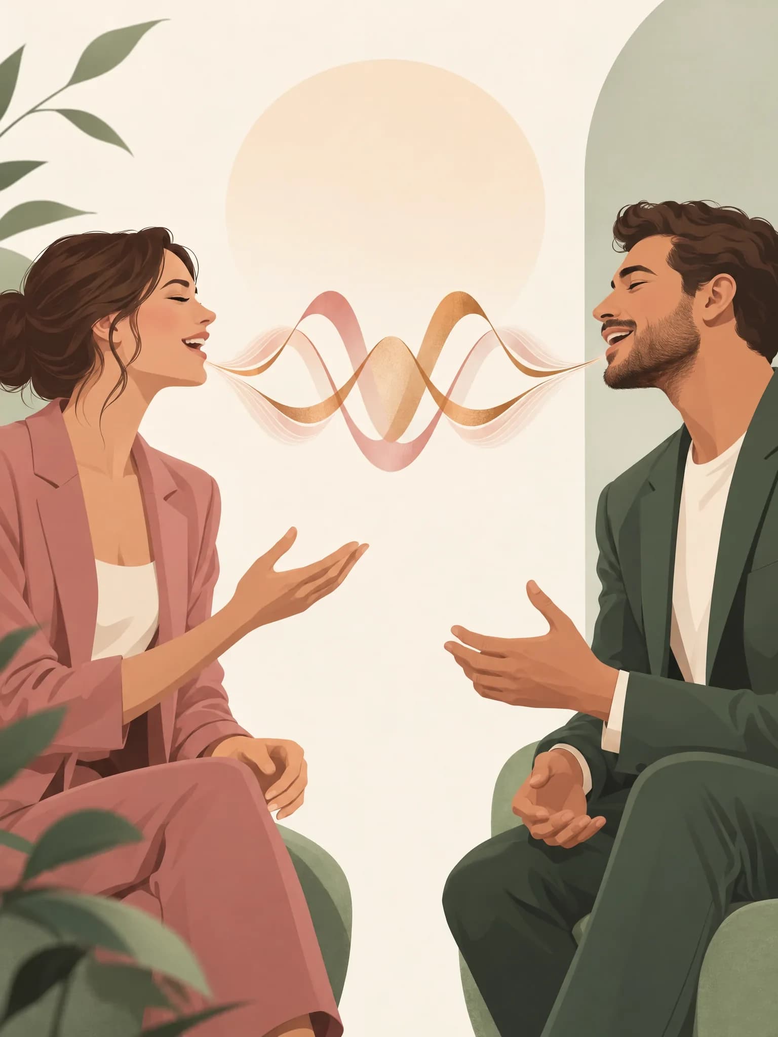Zwei Klangwellen in Rose und Kupfer, die in denselben Rhythmus finden, Sinnbild für Stimmsynchronie