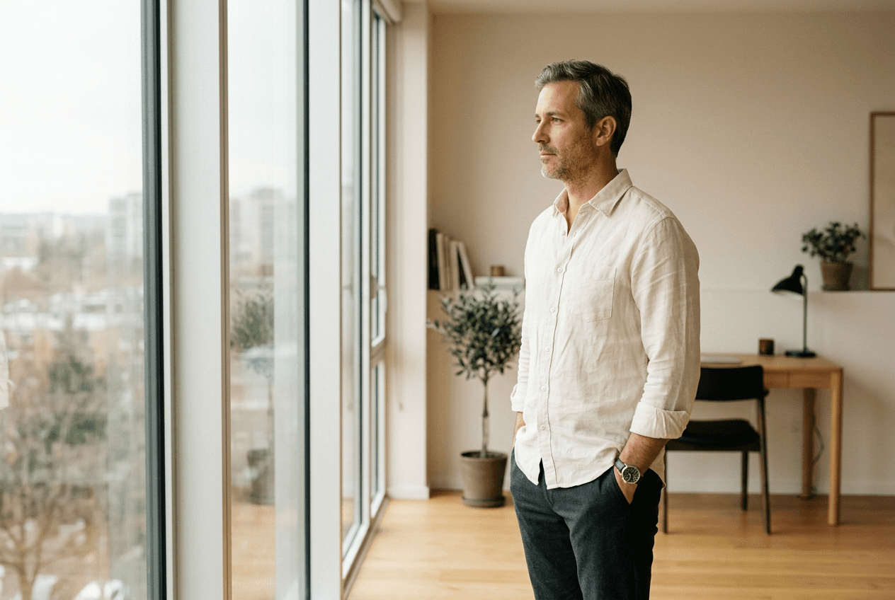 Ein Unternehmer am Fenster, im Moment der Entscheidung