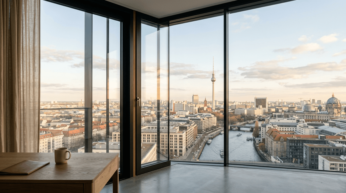 Weite Aussicht auf eine Stadt im Morgenlicht