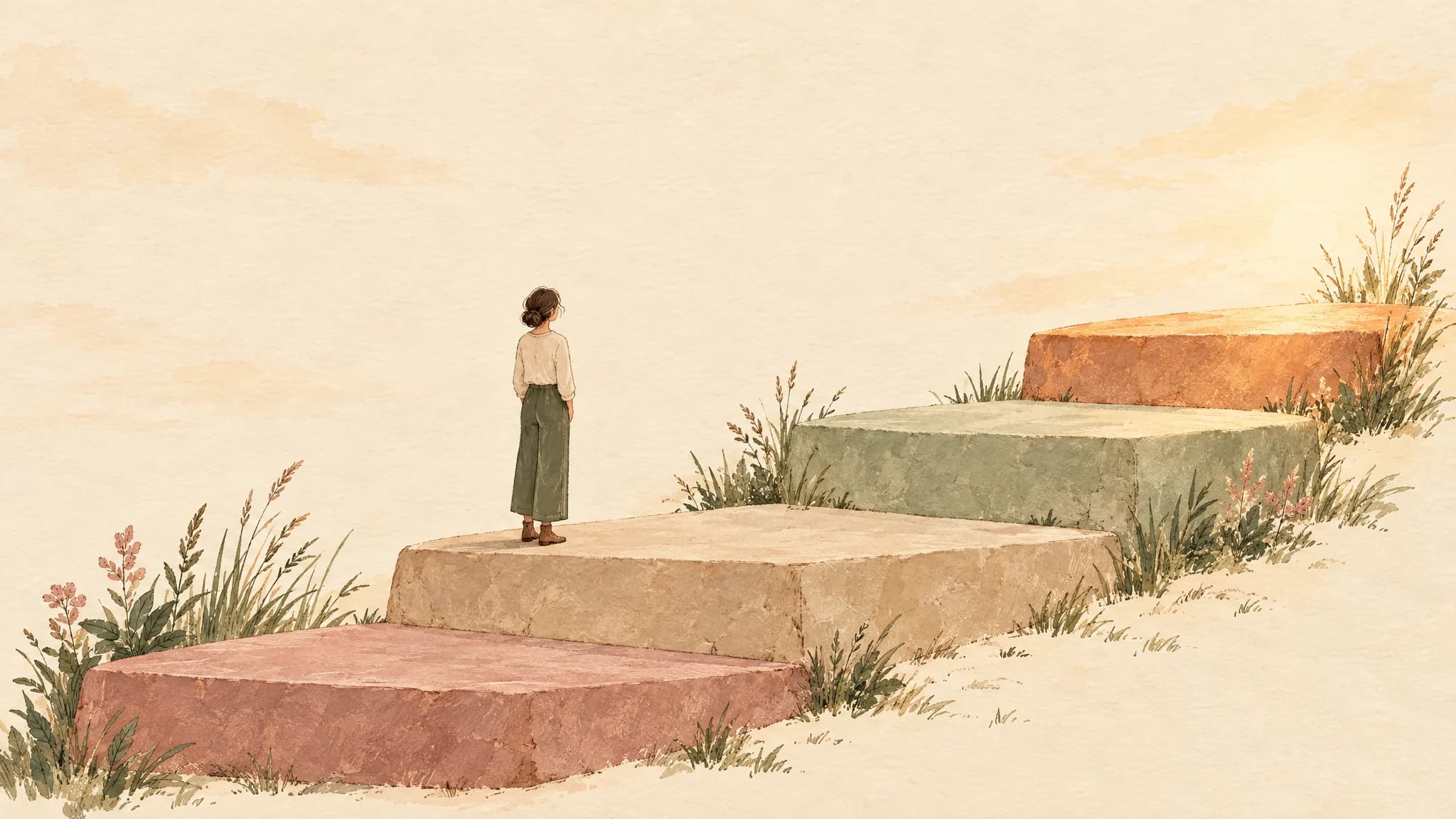 Gemalte Illustration: vier breite Stufen in Rosé, Beige, Salbei und Kupfer, ein Mensch steht auf der zweiten und blickt nach oben.
