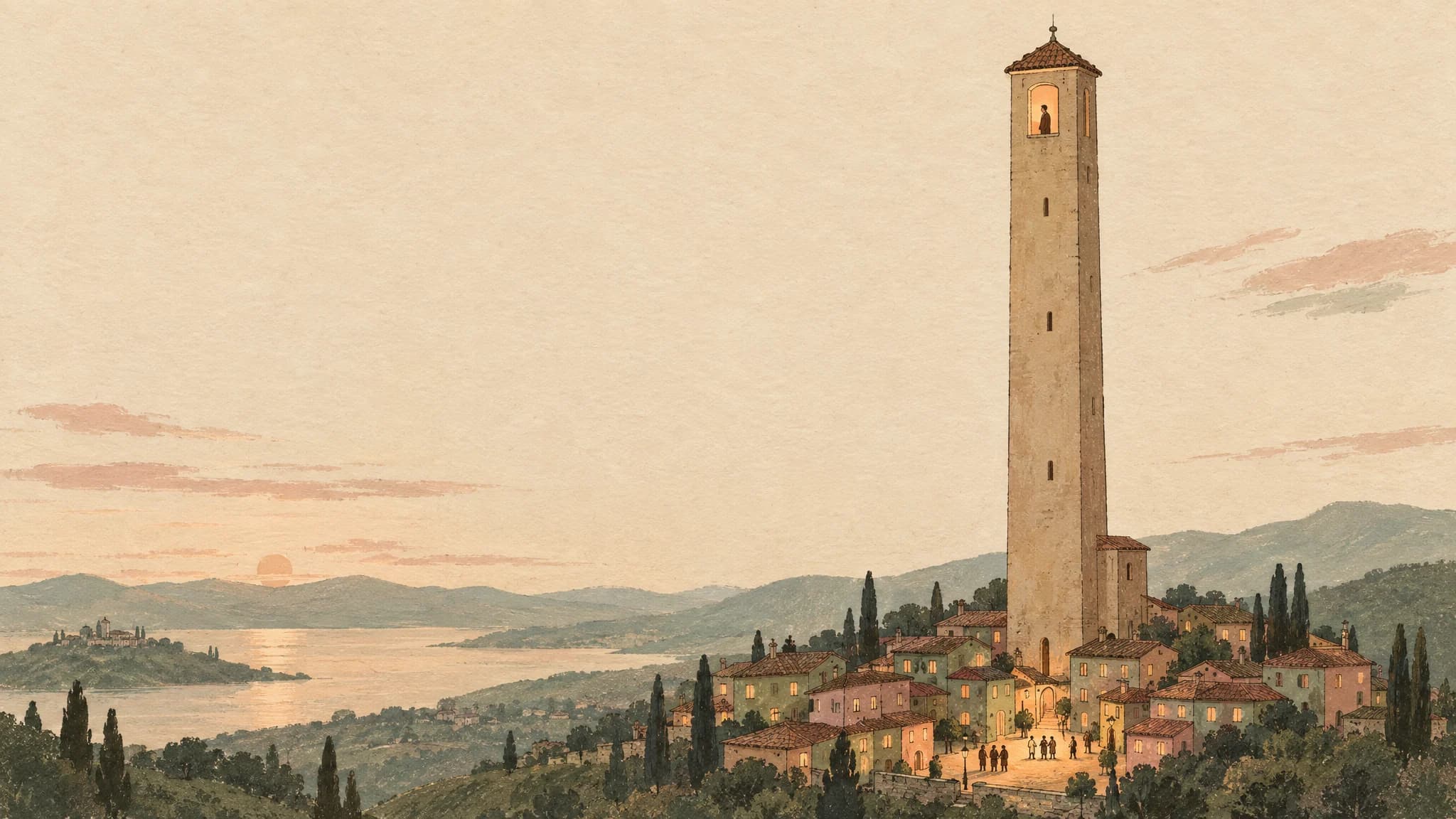 Gemalte Illustration: ein hoher Turm mit einem einzelnen erleuchteten Fenster, in dem eine Gestalt steht, darunter ein Dorf mit vielen Lichtern und Menschen auf dem Platz.