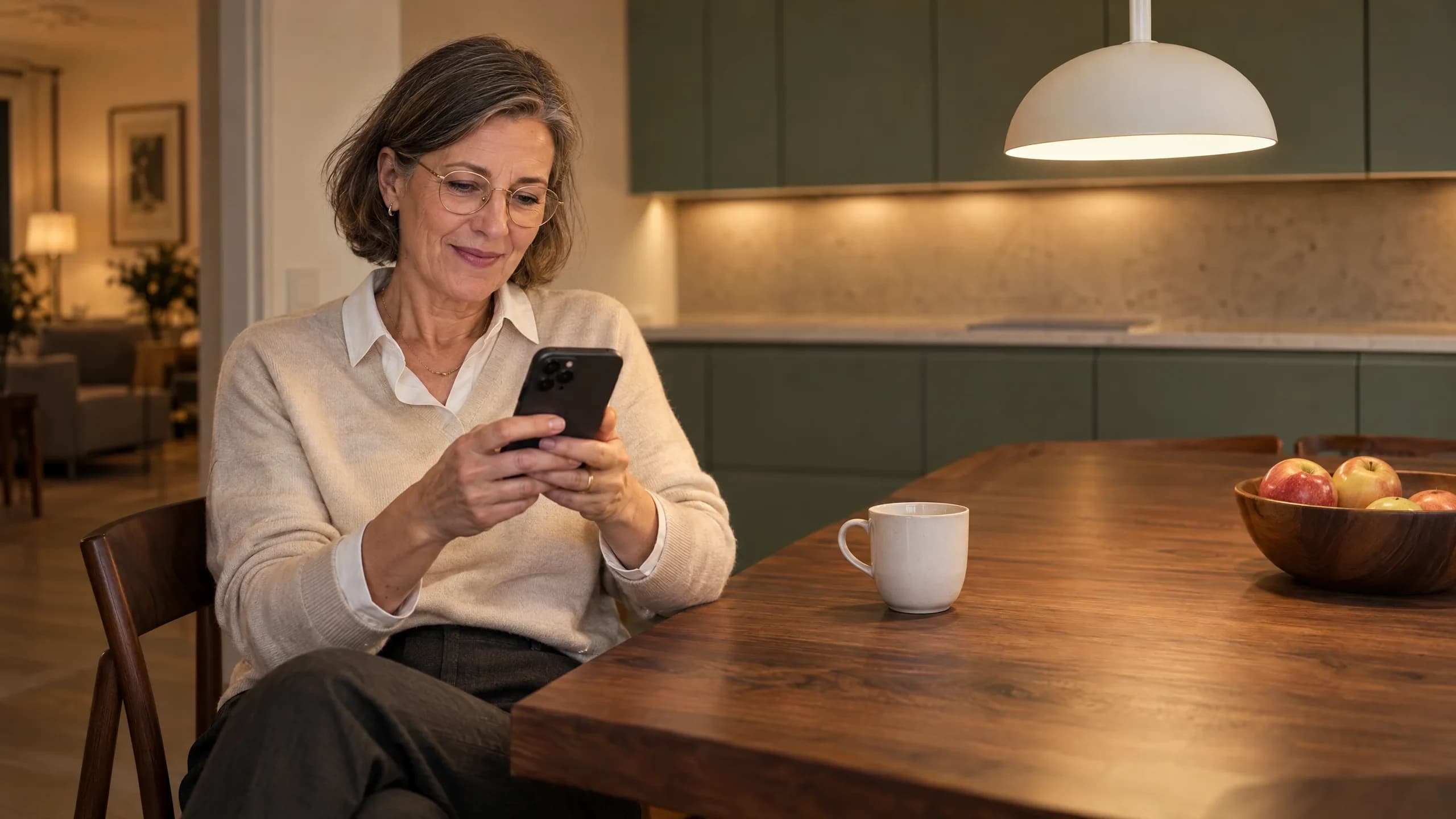 Eine Frau Anfang fünfzig sitzt abends in ihrer Küche und liest auf dem Telefon, eine Tasse Tee neben sich. Sie lächelt leise, als erkenne sie sich wieder. Coaching im Alltag zwischen zwei Terminen, die Alternative zum Einzelcoaching.