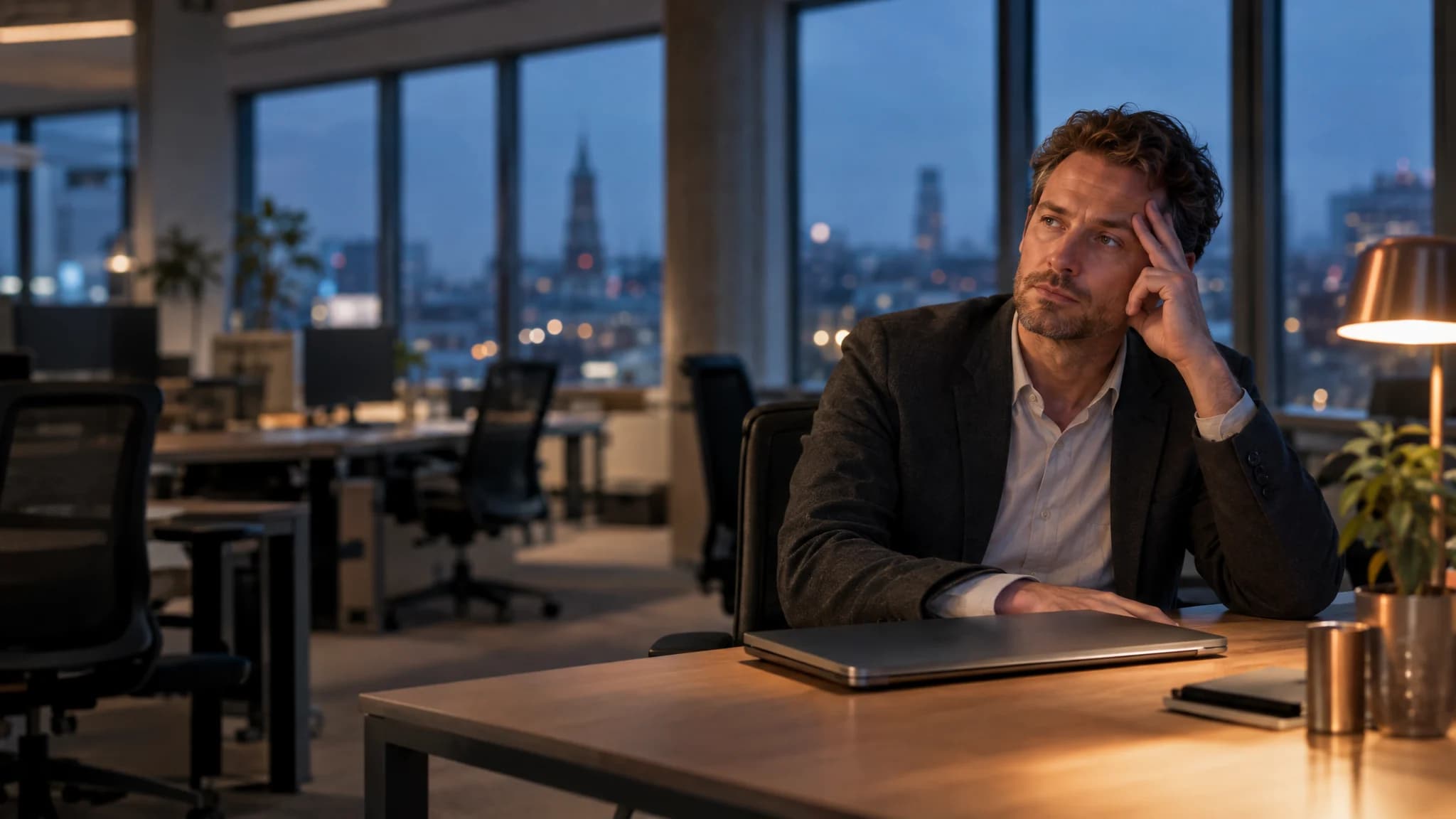 Ein Mann sitzt in der Dämmerung allein im leeren Büro, die Hand an der Schläfe.