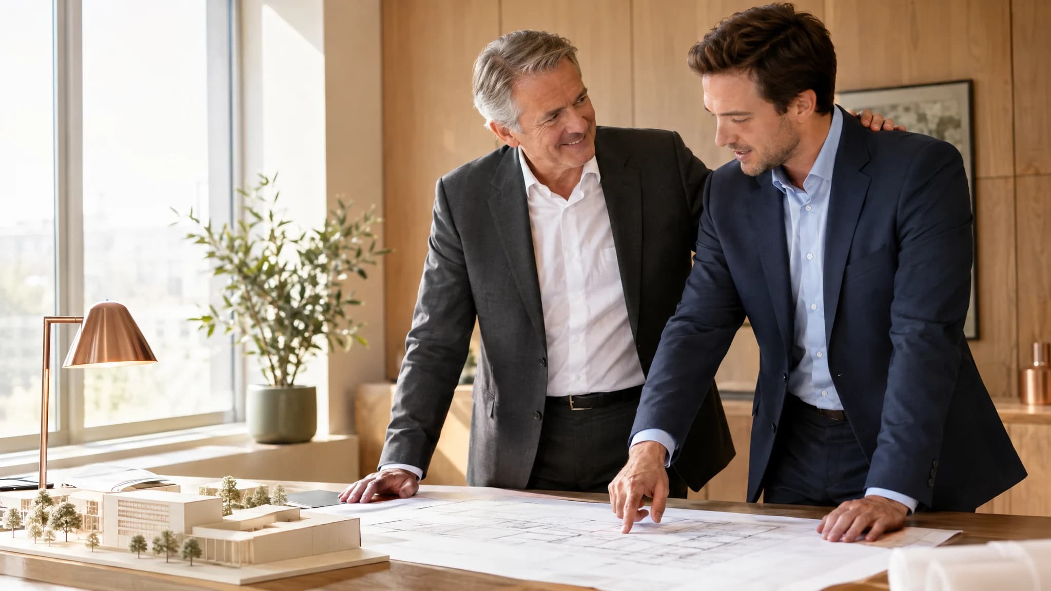 Vater und Sohn stehen an einem hellen Morgen Seite an Seite über einem Bauplan. Der Sohn erklärt seine Idee, der Vater hört mit stolzem Lächeln zu, die Hand auf der Schulter des Sohnes.