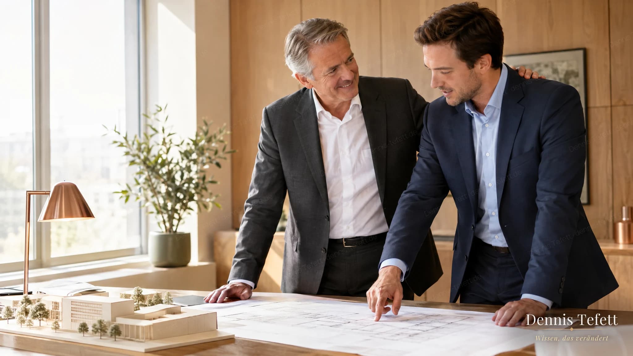 Vater und Sohn stehen an einem hellen Morgen Seite an Seite über einem Bauplan. Der Sohn erklärt seine Idee, der Vater hört mit stolzem Lächeln zu, die Hand auf der Schulter des Sohnes.